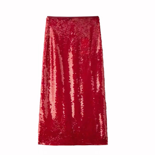 Red sequin embellished slim fit low-rise maxi skirt for women and teens, pencil sheath long skirt with shimmering sequins, sexy chic feminine party wear, Ibiza style Euro summer 2025 mermaid core rave and concert outfit, trendy boho bohemian vacation and festival skirt with worldwide shipping to USA, Canada, UK, Europe, and Australia.