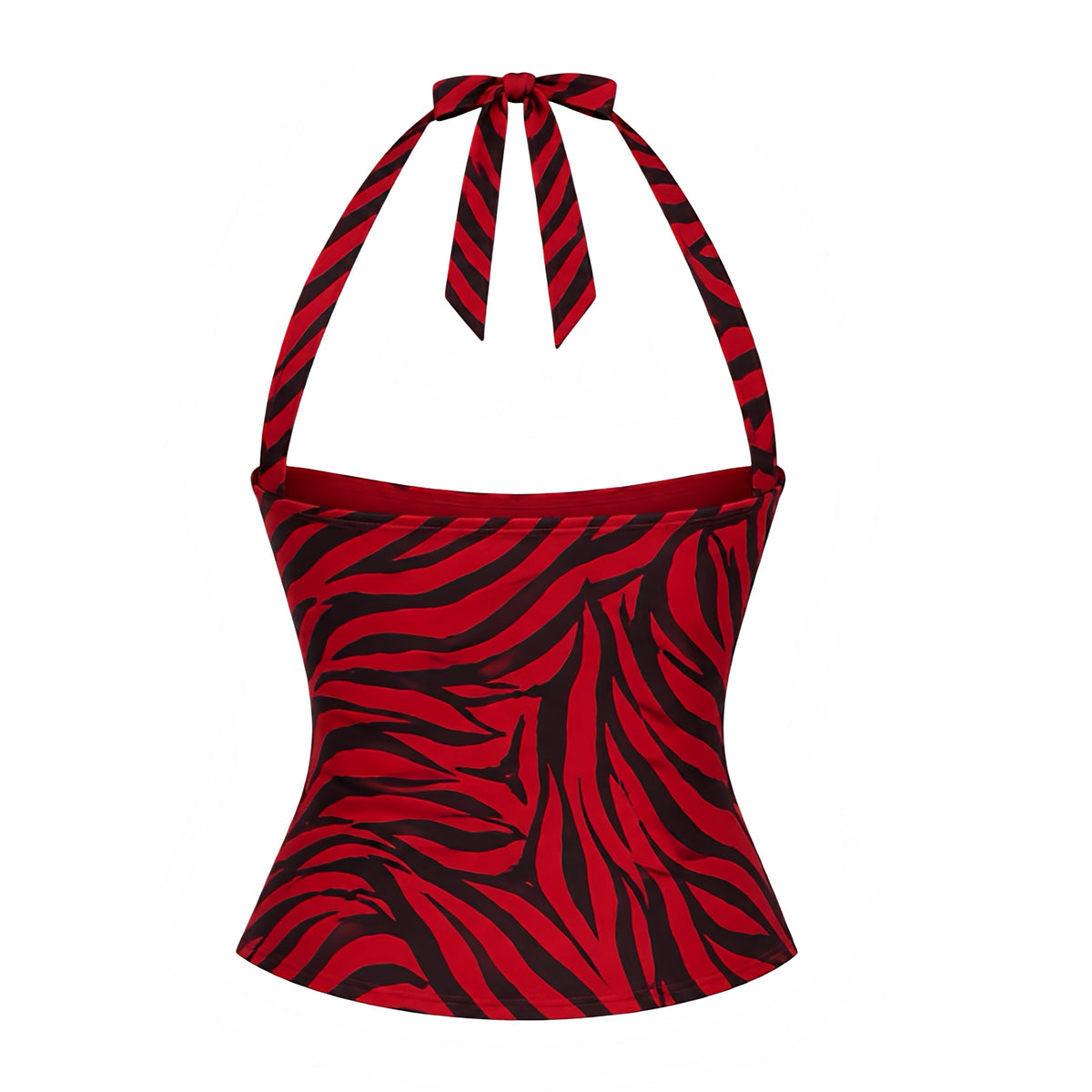 Red zebra print Obsession sleeveless halter crop top in cherry red, bright red and black animal print with striped zebra pattern, ruched gathered bust, sweetheart plunging neckline, gold-tone center buckle hardware, self-tie halter neck, fitted slim fit silhouette and open back. Y2K 2000s fashion top for Nikki Obsession Halloween costume inspired looks, Halloweekend 2026, baddie outfits, party, clubwear, rave, festival, concert, rock chic, rockstar gf, grunge and punk style.