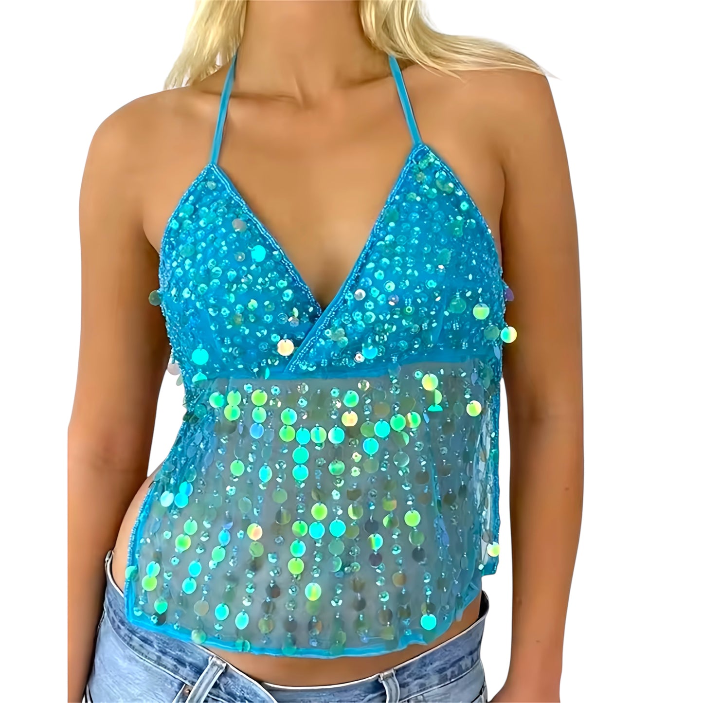 Sea blue sequin embellished v-neck backless halter crop tank top slim fit sleeveless spaghetti strap translucent bodycon chic sexy boho festival rave party euro summer Ibiza style trendy vacation 2025 it girl that girl Y2K worldwide shipping USA Canada UK Australia Europe Asia