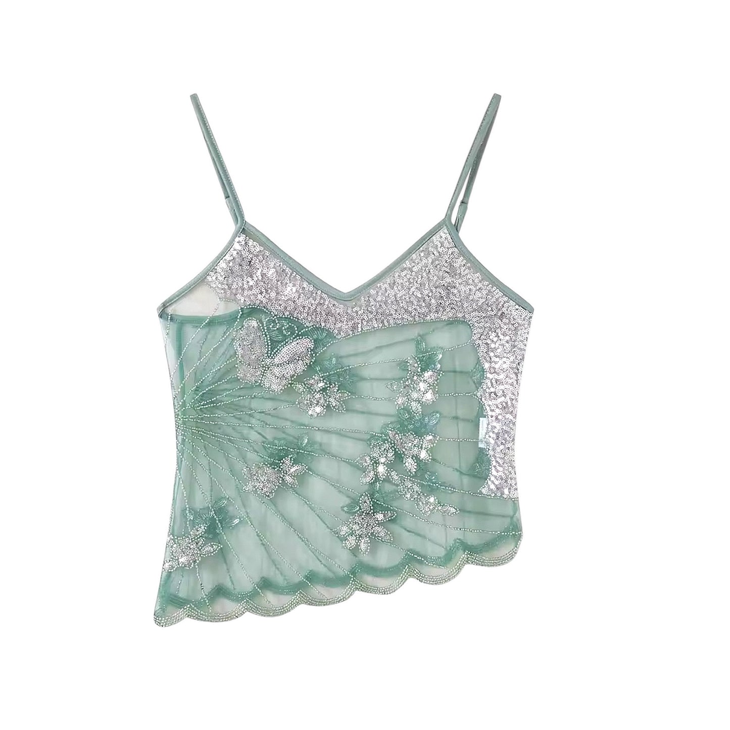 Seafoam green mint green aquamarine sequin embellished butterfly v-neck tank top with silver metallic shimmer sparkle glitter sequined floral butterfly flower patterned design. Slim fit skinny fit sleeveless spaghetti strap backless crop camisole blouse for women, teens, and ladies. Chic trendy casual elegant sexy party top for beach vacation, summer vacation, euro summer, Ibiza fashion, rave outfit, festival outfit, concert outfit, disco party, club wear, night out, going out, NYE outfit, boho chic style.