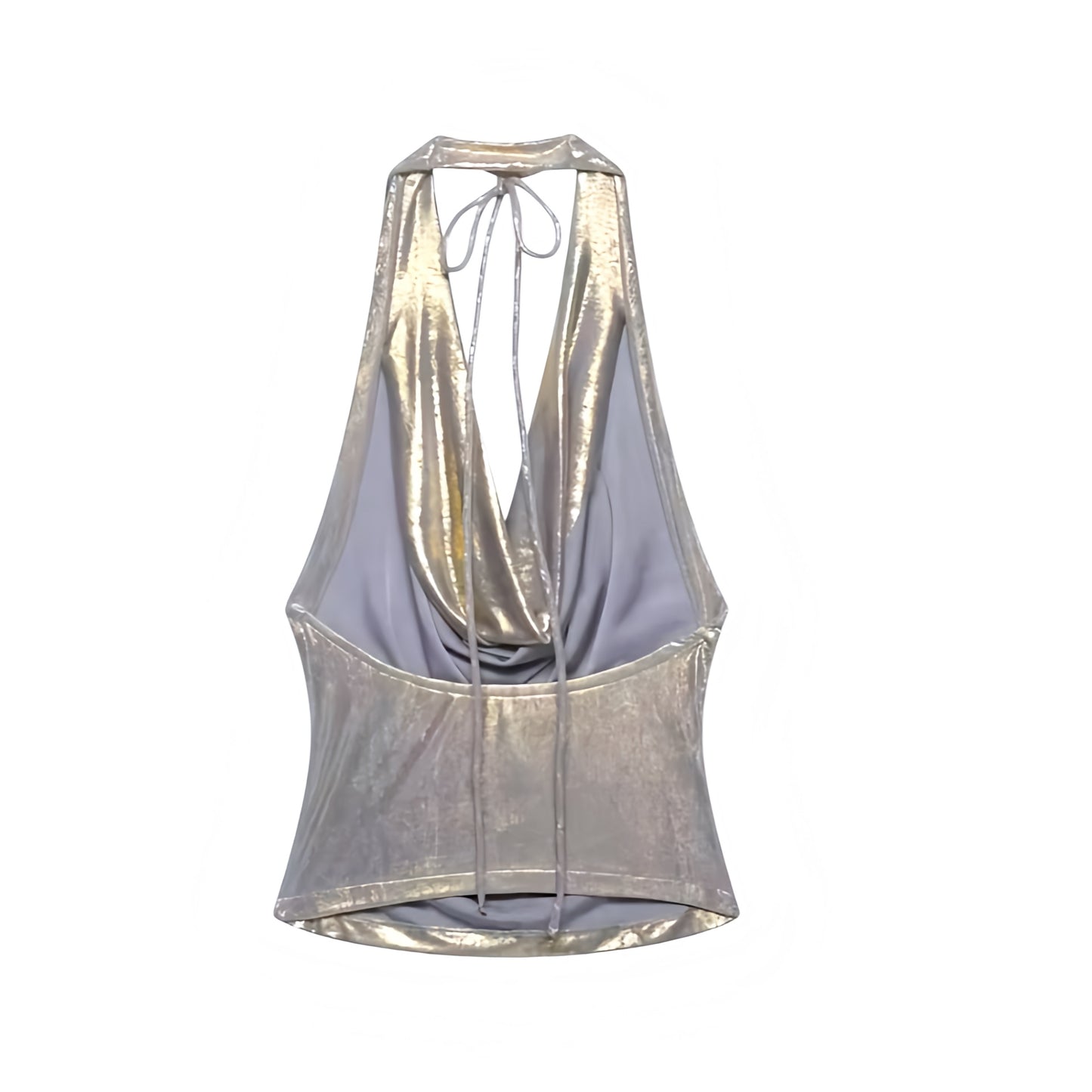 Silver chrome metallic shiny shimmery V-neck backless halter top with slim fit skinny fit silhouette, ruched detailing, plunging neckline, cowl neckline, sleeveless design, open back, cut out and hollow out details, cropped tank top and camisole style for Y2K fashion, 2000s style, party, club, Ibiza, rave, festival, futuristic glam, cyberpunk, rockstar and baddie outfits.
