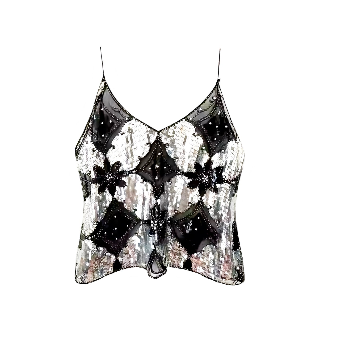 Silver star sequin embellished beaded v-neck boho tank top with black silver metallic shimmer sparkle glitter sequined star and geometric patterned design. Slim fit skinny fit sleeveless spaghetti strap backless crop camisole blouse for women, teens, and ladies. Chic trendy casual elegant sexy party top for beach vacation, summer vacation, euro summer, Ibiza fashion, rave outfit, festival outfit, concert outfit, disco party, club wear, night out, going out, NYE outfit, boho chic style, y2k fashion, baddie.