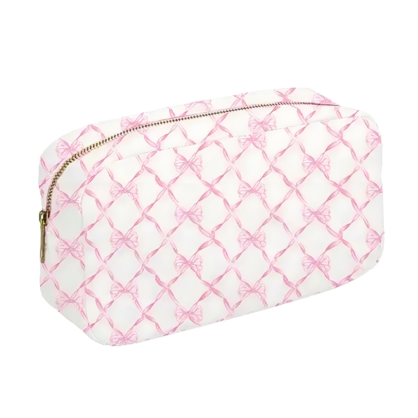 Small light pink and white bow print makeup bag with metallic zipper closure. Lightweight, waterproof, and vegan-friendly cosmetic pouch perfect for makeup, skincare, or travel essentials. Cute, feminine, and coquette-inspired design made from durable plastic material. Perfect for everyday use, holidays, and pink Christmas gifts. Ships globally to US, UK, Canada, Australia, New Zealand, Europe, and Asia.