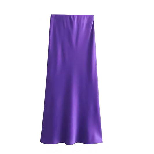 Purple satin low rise midi skirt for women and teens. Slim fit bodycon a line silhouette slip sheath pencil plisse flowy midi maxi skirt. Elegant chic trendy feminine Y2K summer fall fashion. Perfect for holiday vacation casual everyday sorority rush school festival concert rave sexy club wear Ibiza style boho chic Euro summer evening party beach night out outfit. Ships globally worldwide to USA, UK, Canada, Australia, New Zealand, Germany, France, Ireland, Denmark, Sweden, Switzerland, Spain, Europe