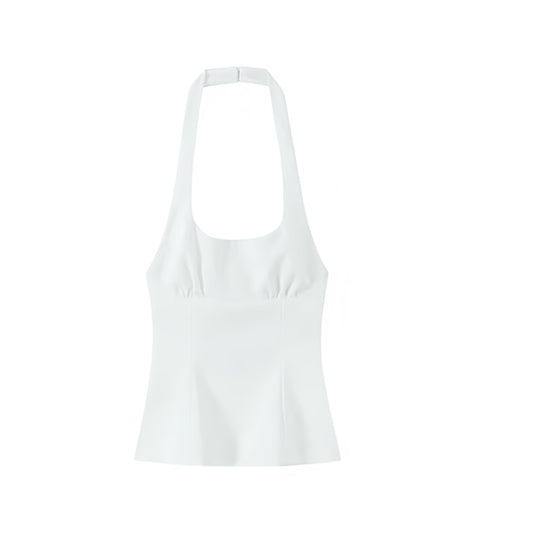 White backless corset halter tank top with slim fit bustier bodycon square neckline, spaghetti straps, bow detail, sleeveless crop blouse – chic sexy trendy preppy coquette summer 2025 women’s and teens fashion for casual everyday wear, vacation, party, brunch, school, sorority rush, night out, clubwear