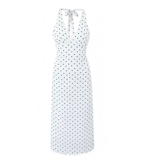 White and Black Polka Dot Bodycon V-Neck Sleeveless Backless Halter Maxi Dress Slim Fit Sheath A-Line Spotted Sundress with Bow Detail, Chic Linen-Look Midi to Maxi Length Summer 2025 Fashion for Women and Teens, Perfect Elegant Feminine Old Money Parisian Chic Style Outfit for Casual Everyday Wear, Holiday Vacations, Euro Summer Trips, School and Sorority Rush, Hoco Homecoming Dress, Sexy Y2K Night Out Look, Trendy Club Wear, Coquette That Girl It Girl Aesthetic