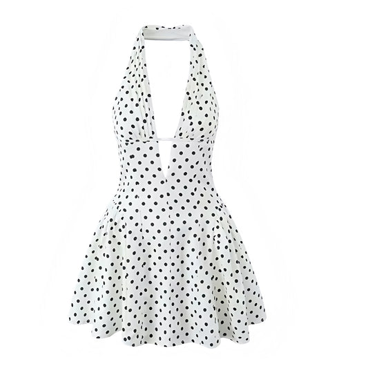 White and Black Polka Dot Bodycon V-Neck Sleeveless Halter Mini Dress Slim Fit Corset Sundress with Spotted Print, Drop Waist Peplum Hem, Flared Ruffle Trim, Plissé Pleated Detailing, Short Above-Knee Mini Length, Sleeveless and Backless Chic Parisian Chic Style Dress for Women and Teens Summer 2025 Fashion, Perfect Elegant Feminine Old Money Outfit for Casual Everyday Wear, Vacations, School Sorority Rush, Hoco Homecoming, Sexy Y2K Party Look, Trendy Night Out Club Wear, Coquette That Girl Euro Summer