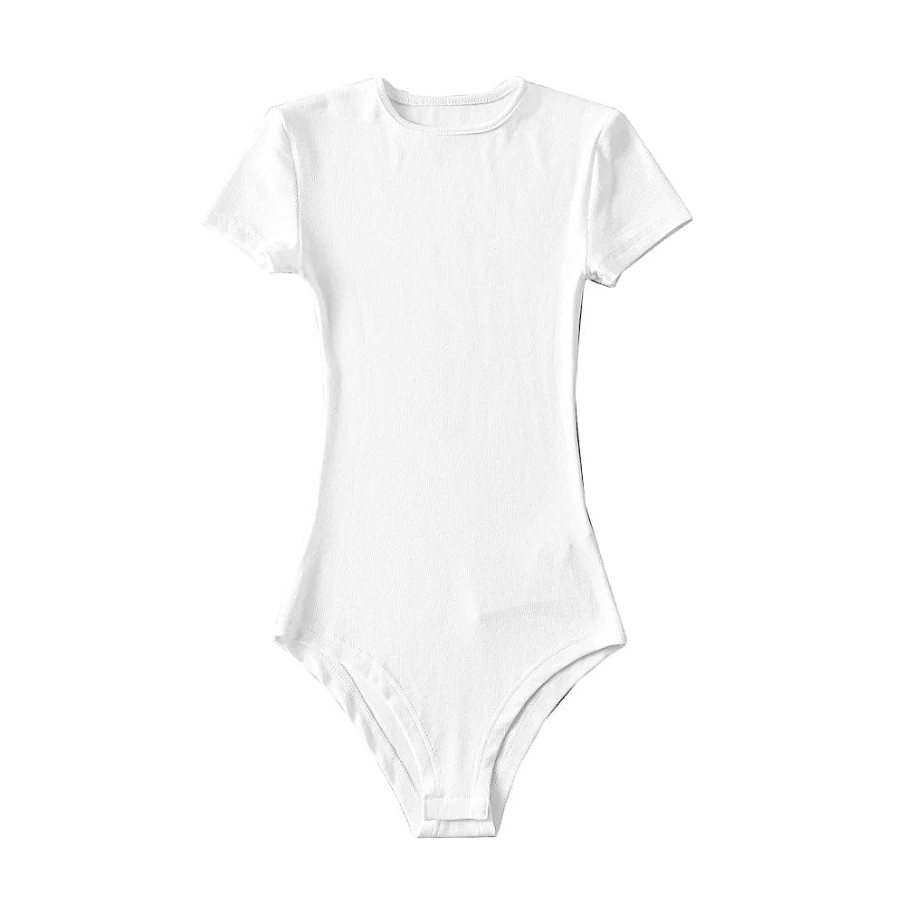 White bodycon short sleeve bodysuit made from a soft cotton blend with seamless stretch for a flattering slim fit silhouette. Features a classic crewneck neckline and smooth, comfy fabric that’s perfect for everyday wear, layering, or minimalist styling. A timeless neutral essential for casual or elevated outfits. Ships globally to the US, UK, Canada, Australia, New Zealand, Europe, Asia, and worldwide.