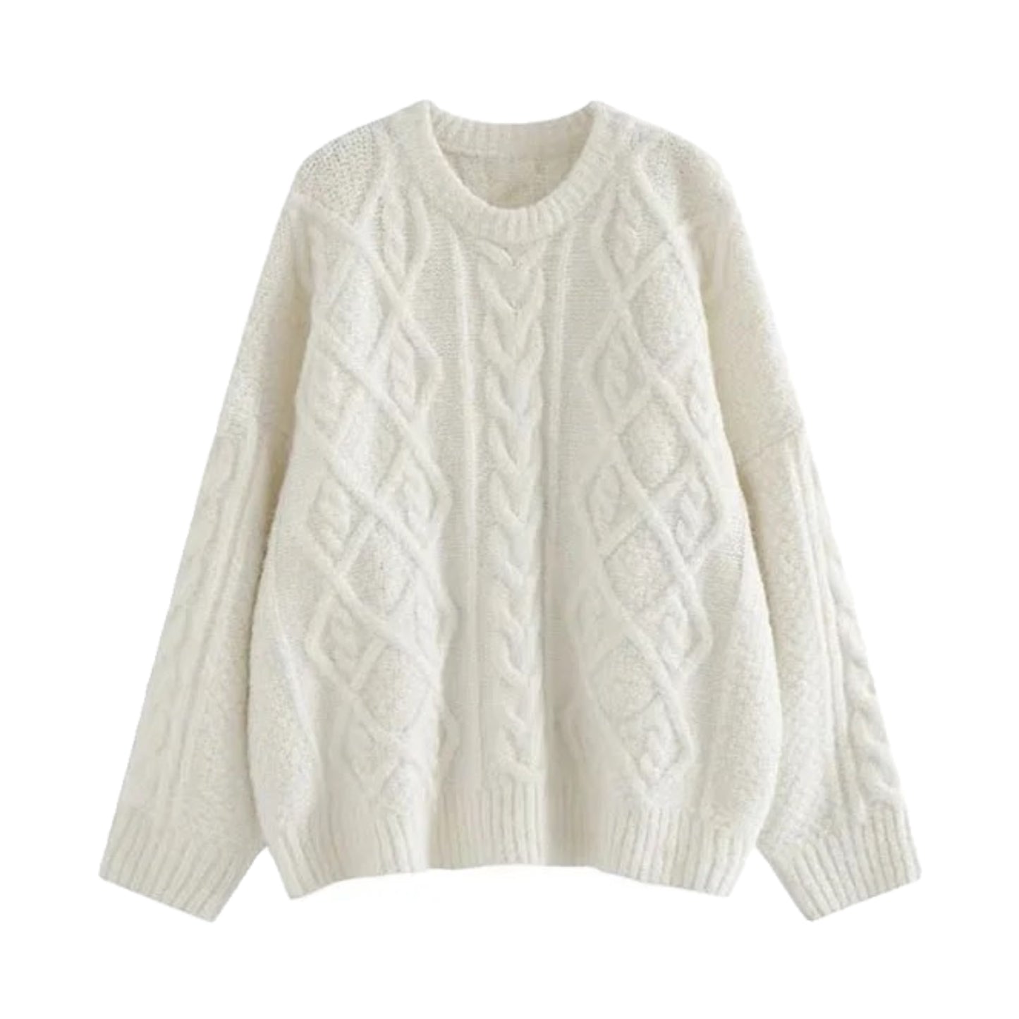 White cable knit oversized long sleeve crewneck pullover sweater for women and teens, soft cozy chunky knit with round neckline and baggy fit, elegant warm knitwear for fall autumn winter 2025, feminine chic fashion inspired by Zara and Aritzia dupe sweaters, perfect for clean girl and old money preppy style, ships globally and worldwide to US, UK, Canada, Europe, Australia, and Asia.