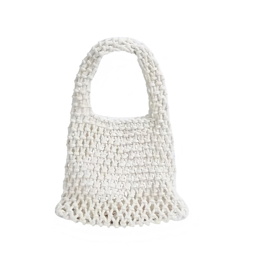 White crochet knitted mini shoulder beach bag, handmade raffia net transparent clutch crossbody purse handbag, trendy boho chic elegant coastal style accessory for women, mermaid core fashion perfect for euro summer, Ibiza beach club, bohemian resort wear, and summer vacation 2025 outfits, ships internationally to USA, Canada, UK, Australia, France, Germany, Spain, Italy, Denmark, Asia.