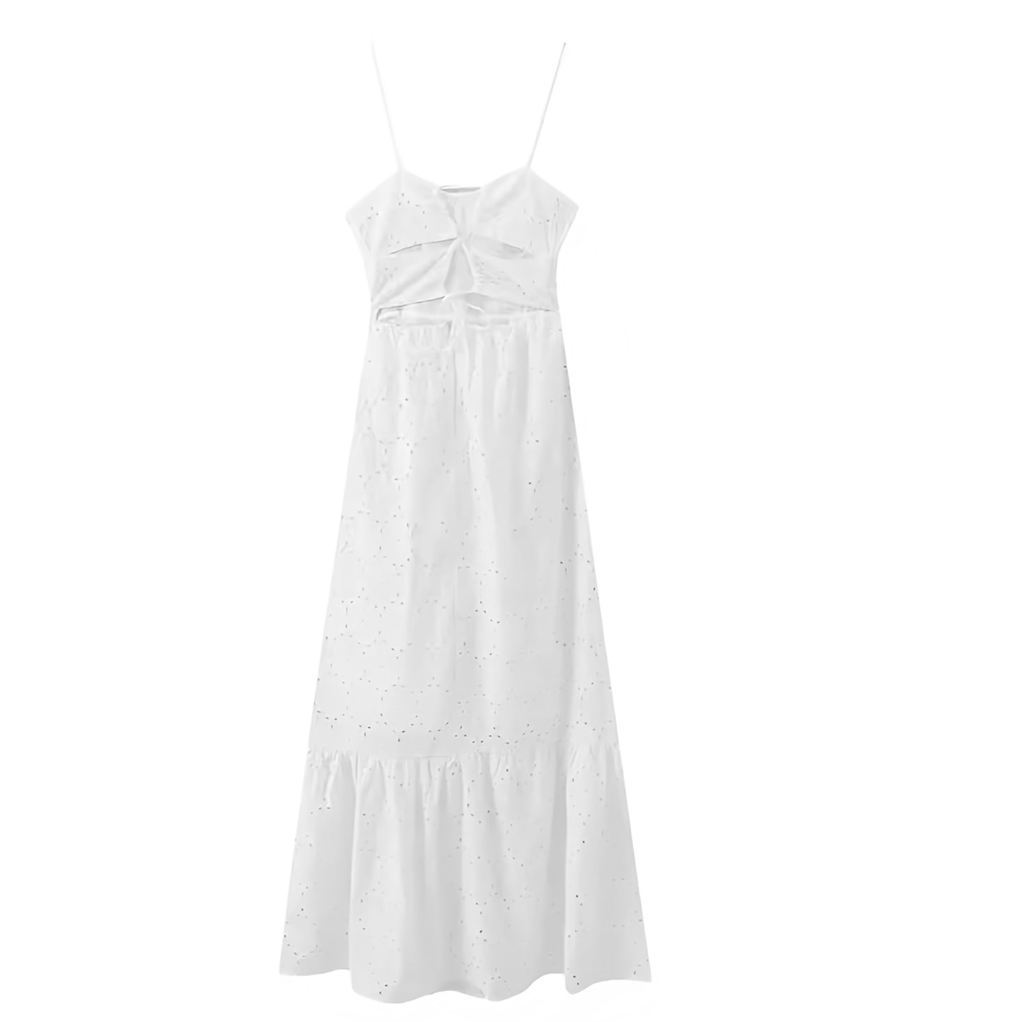 White eyelet embroidered hollow-out drop-waist spaghetti strap maxi dress for women and teens. Slim fit bodycon silhouette with A-line empire waist tiered plissé pleated skirt, sleeveless square neckline, feminine floral patterned embroidery, and backless boho chic design. Perfect linen sundress for summer, vacation, Ibiza style, Euro summer, Greek islands, coastal granddaughter aesthetic, Hamptons style, Nantucket style, brunch, party, prom, graduation, homecoming, or elegant evening wear. Ships worldwide
