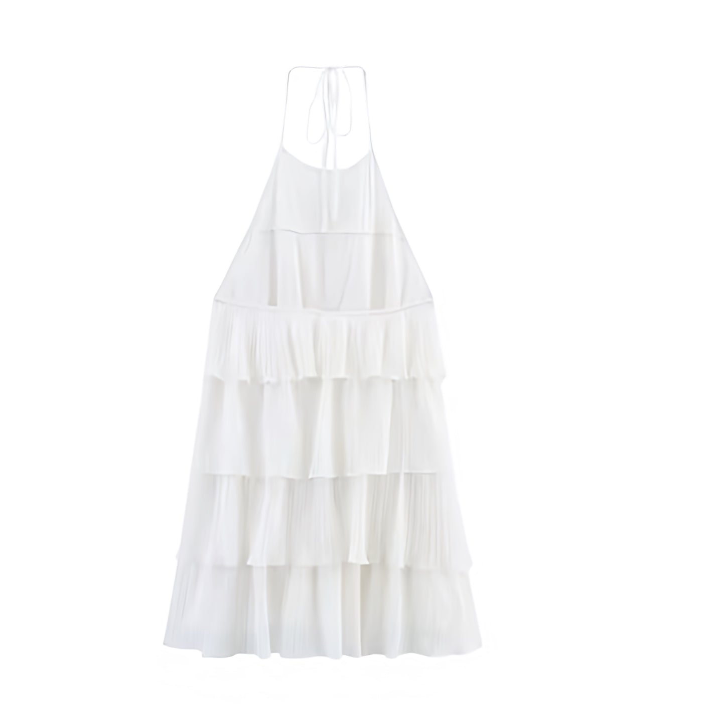 White layered ruffle trim sleeveless tiered backless halter mini dress with slim fit silhouette, plisse pleated flared A-line shape, and elegant layered ruffles. Short sundress for women, teens, and ladies, ideal for summer and fall 2025 holidays, vacations, casual everyday wear, brunch, evening, graduation, homecoming, hoco, school dances, parties, concerts, festivals, boho chic, euro summer, western cowgirl style, and preppy Stockholm style. Ships globally worldwide to US, Australia, New Zealand, UK, CA.