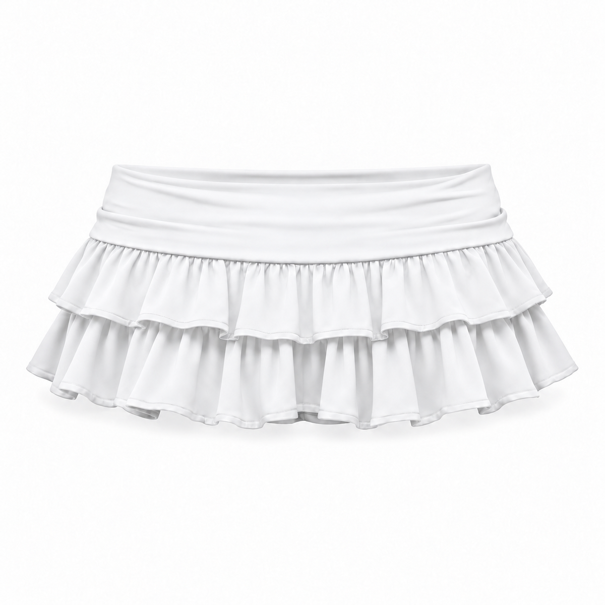 White low-rise layered ruffle micro mini skirt for women with wide foldover waistband, double-tier gathered ruffles, cascading flounce hem and flowy flared A-line silhouette. Ultra short white Y2K skirt for 2000s fashion, coquette, dollette, balletcore, fairycore, gypsycore, boho chic, Scandi, Stockholm, Ibiza, rave, festival, clubwear, party, beach club, Euro summer, vacation and baddie outfits 2026.
