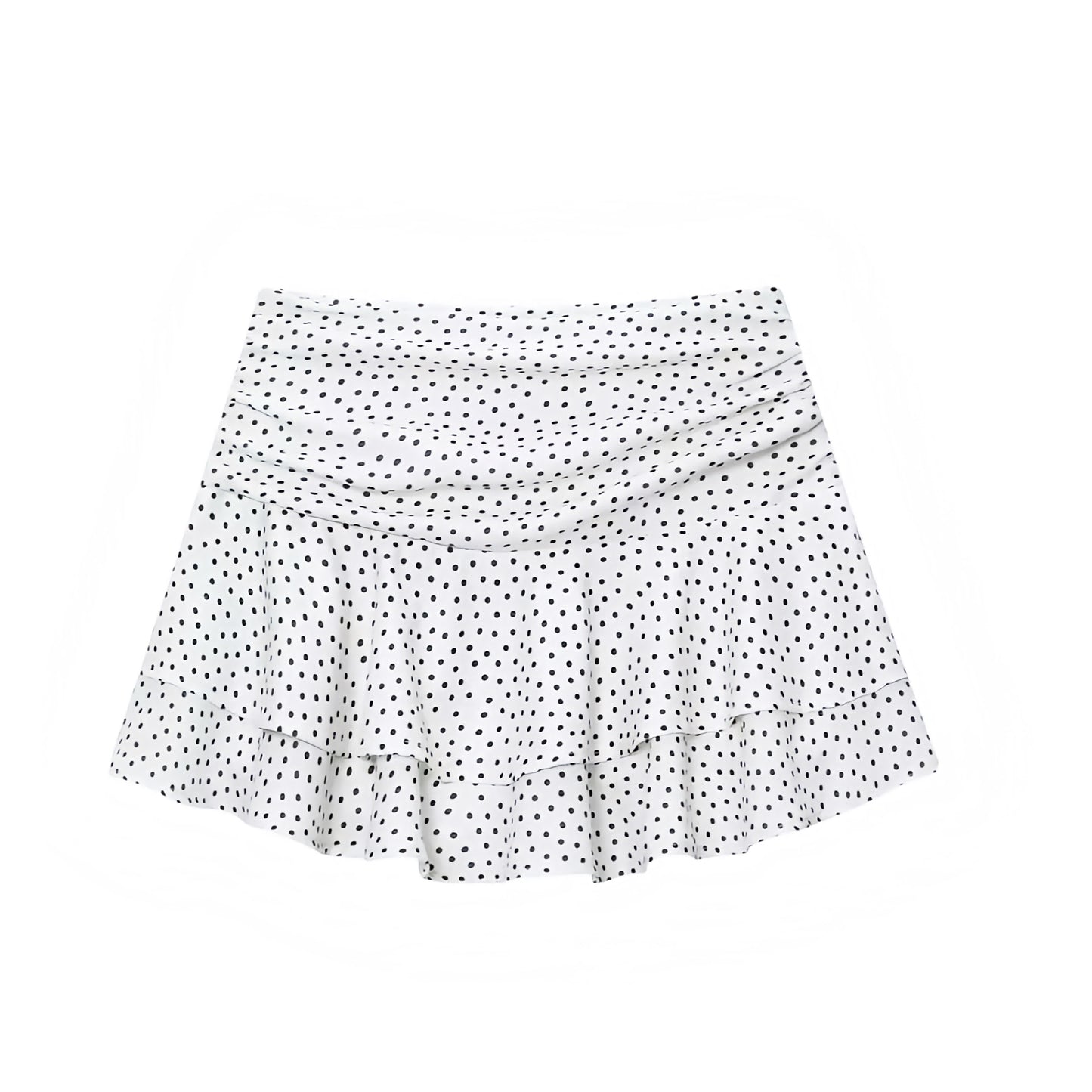 White polka dot print ruffled tiered mini skirt with layered ruffle trim and flowy flared silhouette. Low rise low waisted drop waist mini skirt short skirt for womens teens ladies. Y2K style 2016 fashion tumblr style casual chic minimalist everyday skirt for party outfits night out outfit clubwear streetwear fashion baddie outfits retro vintage coastal style preppy hamptons nantucket clean girl vanilla girl aesthetic scandi style.