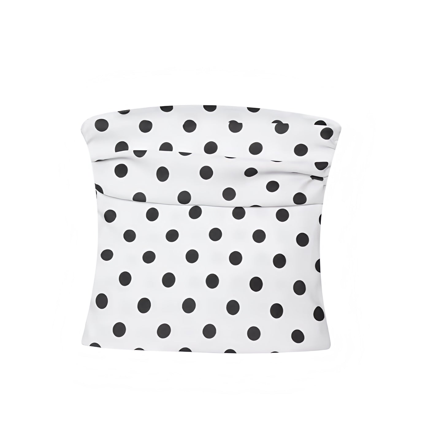 White polka dot print slim fit strapless crop top with dot patterned design and ruched bodycon silhouette. Strapless sleeveless tube top crop top tank top blouse for womens teens ladies. Y2K style 2016 fashion tumblr style casual chic minimalist everyday top for night out outfit clubwear party outfits hot girl outfit streetwear fashion baddie outfits vintage retro style coastal style preppy hamptons nantucket clean girl vanilla girl aesthetic scandi style.