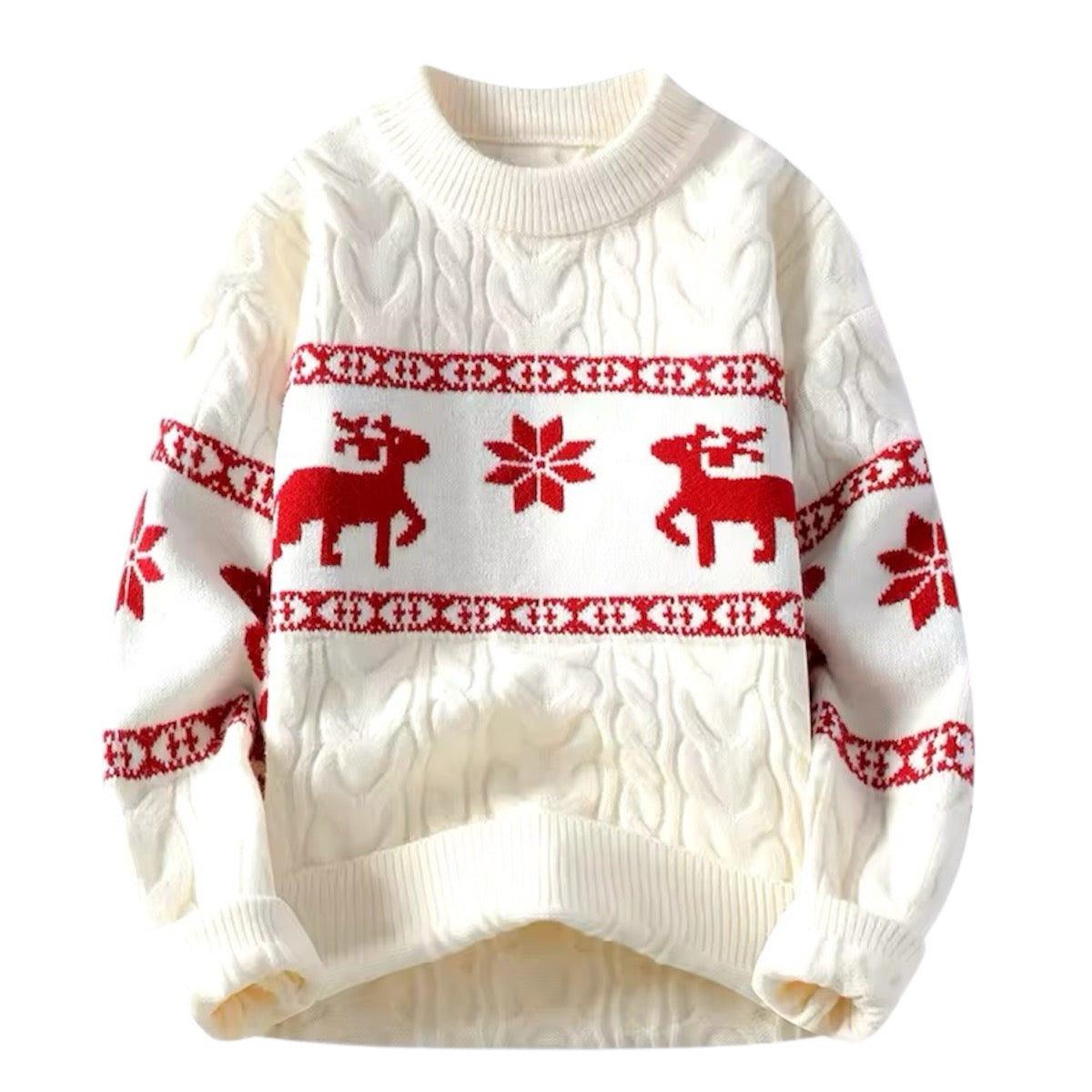 White and red cable knit reindeer snowflake geometric patterned Fair Isle long sleeve pullover sweater featuring thick chunky knit, soft cozy warm material, ribbed cuffs and hem, breathable knitwear, crewneck winter holiday jumper for women and teens. Cream white off white knitted Christmas sweater perfect for festive outfits, Scandinavian style, apres ski, winter 2025 fashion. Ships globally worldwide including US, Australia, New Zealand, UK, Canada, Europe, Asia and more.