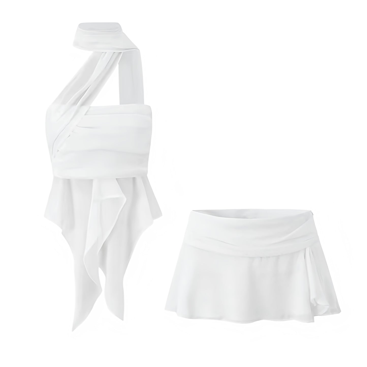 White Ruffle Trim Halter Top & Low-Rise Mini Skirt 2 Piece Set. Slim fit layered ruffle crop top with sleeveless halter neckline, mock neck detail, asymmetric cut, and flared silhouette paired with a low-rise mini skirt. Chic two-piece matching set for women, teens, and ladies who love feminine fashion for holidays, vacations, casual everyday wear, Y2K-inspired looks, sorority rush, dances, festivals, parties, night out, going-out outfits, sexy club wear, rave style, Ibiza fashion, Euro summer, boho chic