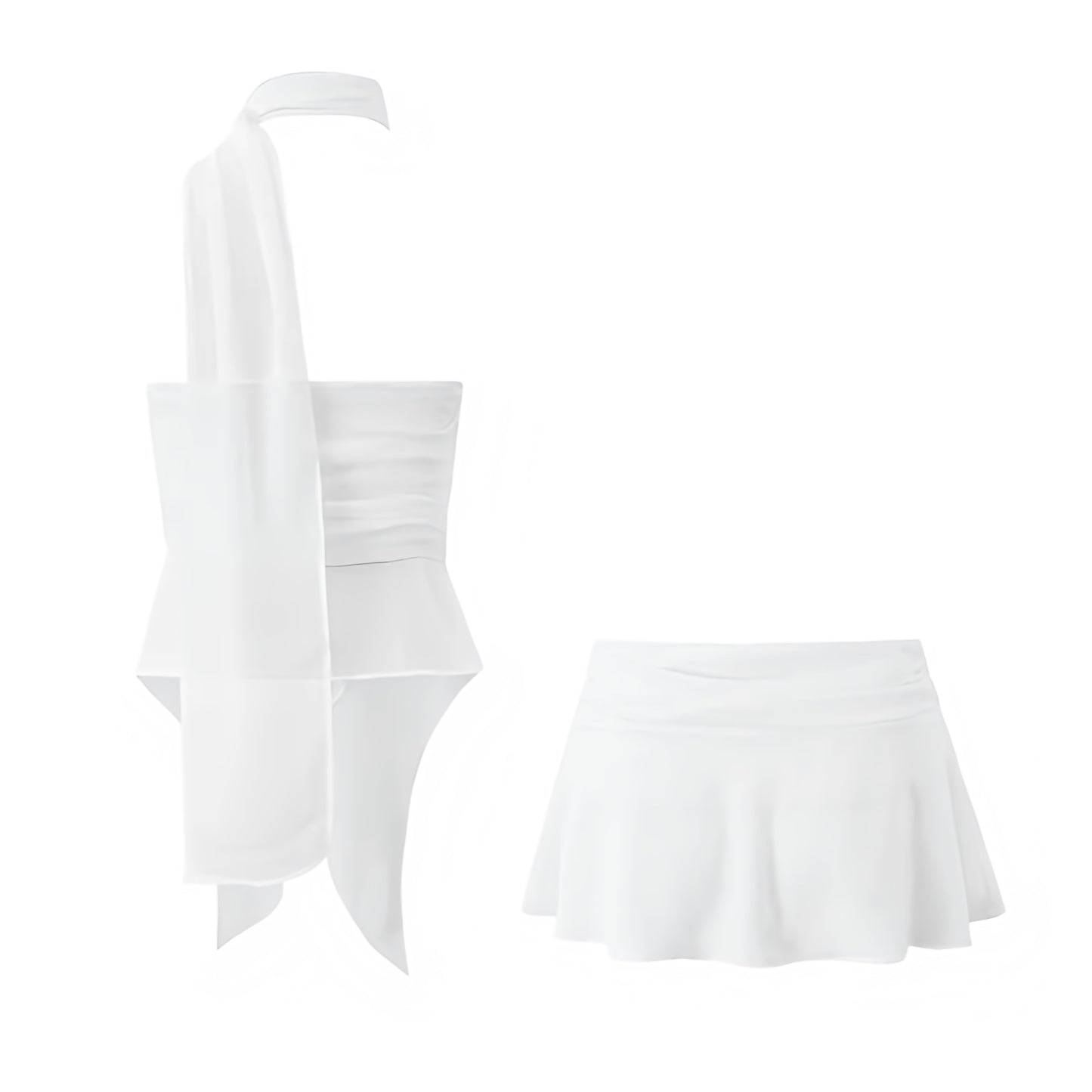 White Ruffle Trim Halter Top & Low-Rise Mini Skirt 2 Piece Set. Slim fit layered ruffle crop top with sleeveless halter neckline, mock neck detail, asymmetric cut, and flared silhouette paired with a low-rise mini skirt. Chic two-piece matching set for women, teens, and ladies who love feminine fashion for holidays, vacations, casual everyday wear, Y2K-inspired looks, sorority rush, dances, festivals, parties, night out, going-out outfits, sexy club wear, rave style, Ibiza fashion, Euro summer, boho chic