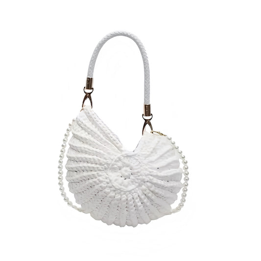 White seashell crochet pearl beaded clutch shoulder beach bag, handmade raffia knit conch shell shaped handbag, bohemian chic trendy elegant purse for women, perfect for beach club, euro summer vacation 2025, coastal style mermaid core fashion accessory, resort wear crossbody bag shipped internationally to USA, Canada, UK, Australia, France, Germany, Spain, Italy, Denmark, Asia.