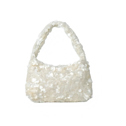 White sequin embellished sparkly mini clutch purse, chic trendy small shoulder bag and elegant evening handbag for women and teens, perfect for Ibiza style Y2K fashion, party outfits, club wear, night out looks, euro summer vacation beach fashion 2025, stylish casual chic accessory with international shipping to USA, Canada, UK, Australia, France, Germany, Spain, Italy, Denmark, Asia.