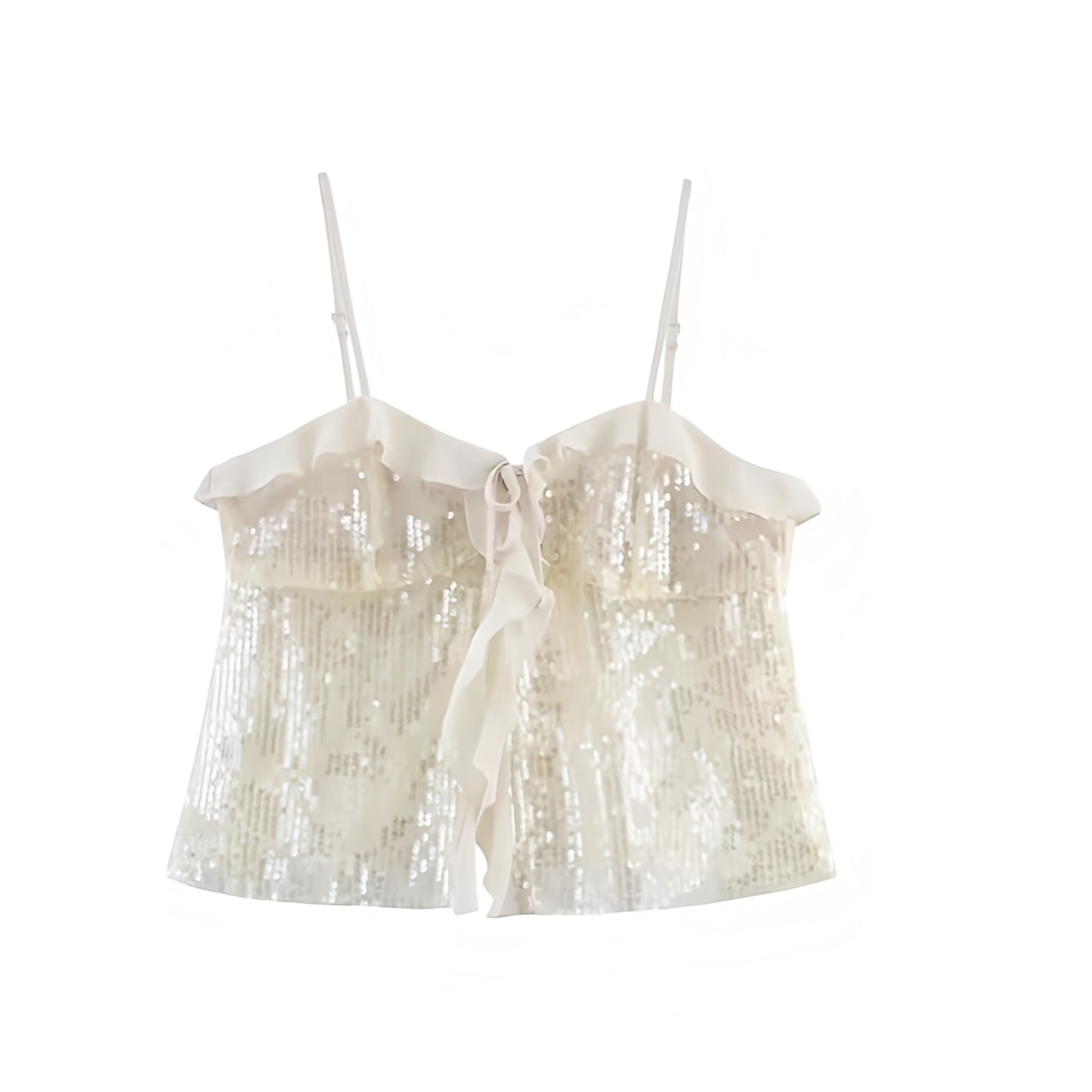White sequin embellished slim fit ruffle trim sweetheart neckline spaghetti strap sleeveless backless crop tank top blouse for women teens chic boho Ibiza style Y2K sexy it girl that girl trendy summer vacation rave concert festival party club fashion 2025 with worldwide global shipping USA Canada UK Europe Asia Australia