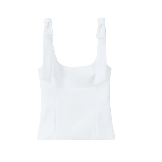 White Bow Spaghetti Strap Bustier Corset Tank Top Slim Fit Bodycon Square Neckline Sleeveless Backless Crop Camisole Blouse Women Teens Preppy Y2K Coquette Summer 2025 Fashion Available worldwide with fast shipping to US, UK, Canada, Australia, France, Germany, Denmark, Europe, and Asia.