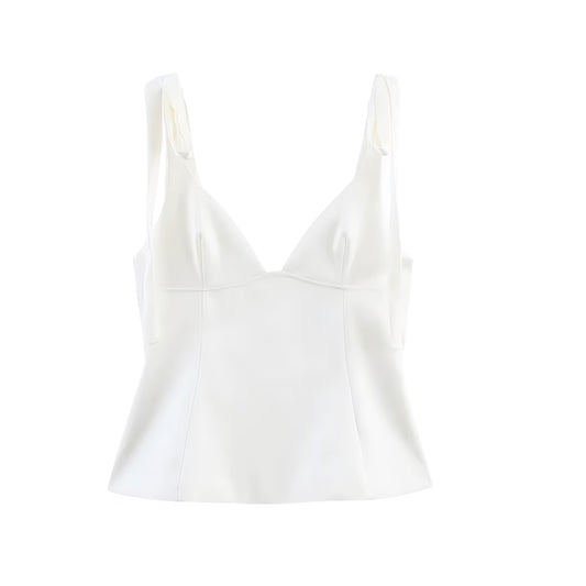 White Satin V-Neck Bow Spaghetti Strap Corset Bustier Slim Fit Crop Tank Top Blouse with Peplum Flared Ruffle Trim Plissé Pleated Sleeveless Backless Elegant Preppy Coquette Y2K Summer 2025 Fashion Available worldwide with fast shipping to US, UK, Canada, Australia, France, Germany, Denmark, Europe, and Asia.