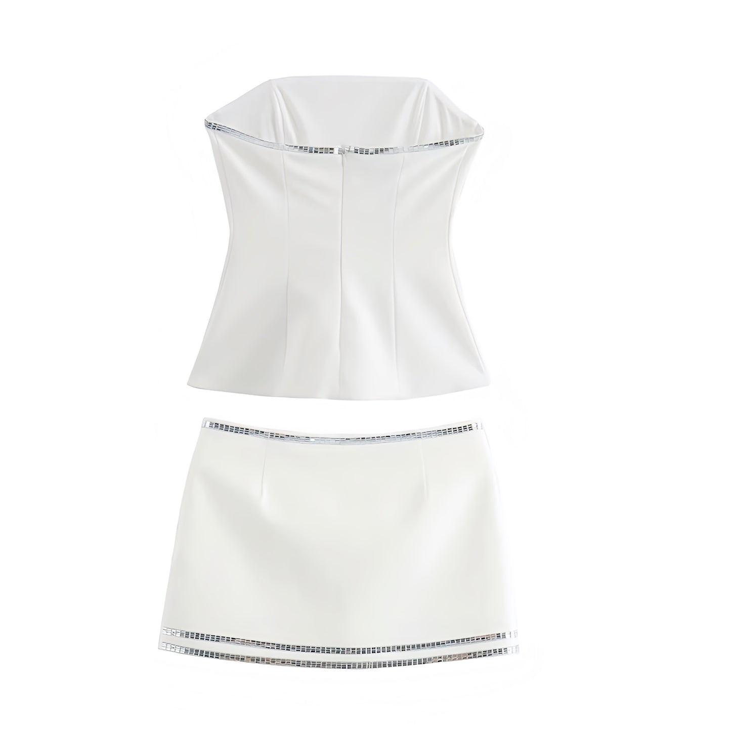White slim fit sequin embellished strapless tube top and mini skirt matching 2 piece set. Strapless bandeau bustier corset style slim fit bodycon silhouette sleeveless backless short mini dress outfit. Women’s and teens’ summer and fall 2025 fashion. Sexy chic trendy Y2K style for sorority, rush, casual everyday wear, party, night out, club wear, rave, festival, concert, Ibiza style, boho chic, Stockholm style, street wear, dance, formal, homecoming, hoco, graduation. Ships worldwide to USA, AU, Europe