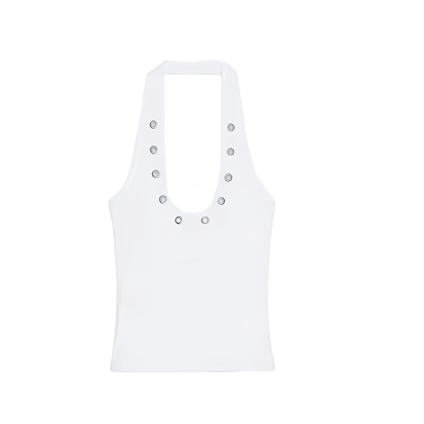 White slim fit studded sleeveless scoop-neck backless halter tank top with metallic accents, slim bodycon silhouette, skinny fit, and cropped design. Sexy corset-inspired camisole tank top for womens, teens, and ladies. Perfect for summer and fall 2025 vintage retro feminine fashion, casual everyday looks, chic Y2K coquette style, sexy night out outfits, evening party wear, trendy club wear, rave festival fashion, concert styles, western cowgirl and rockstar outfits, Ibiza style, boho chic, Stockholm style.
