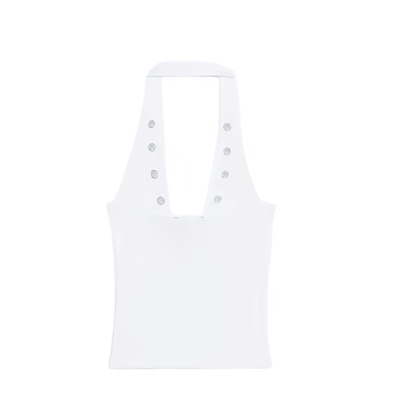 White slim fit studded sleeveless scoop-neck backless halter tank top with metallic accents, slim bodycon silhouette, skinny fit, and cropped design. Sexy corset-inspired camisole tank top for womens, teens, and ladies. Perfect for summer and fall 2025 vintage retro feminine fashion, casual everyday looks, chic Y2K coquette style, sexy night out outfits, evening party wear, trendy club wear, rave festival fashion, concert styles, western cowgirl and rockstar outfits, Ibiza style, boho chic, Stockholm style.