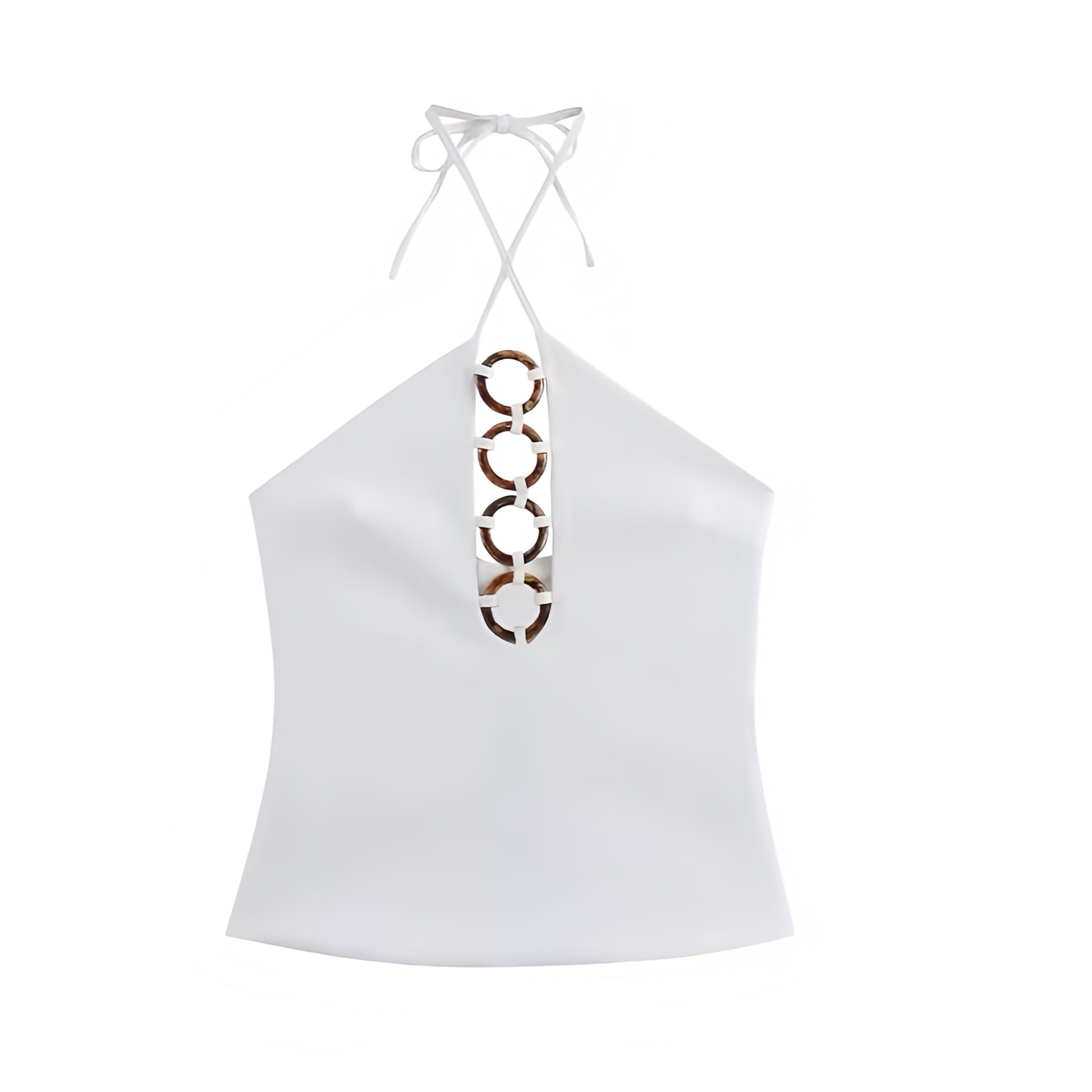 White slim fit tortoiseshell beaded hollow-out halter tank top with v neck design. Sleeveless crop blouse featuring circle loop bead details, bodycon corset-inspired silhouette, chic cut-out style. Women’s and teens’ summer and fall 2025 fashion. Feminine Y2K trendy coquette sexy style for casual everyday, holiday, vacation, school, sorority rush, evening party, night out, going out, club wear, rave, festival, concert, Ibiza boho chic, euro summer, it girl that girl fashion, resort wear, beach club, coastal