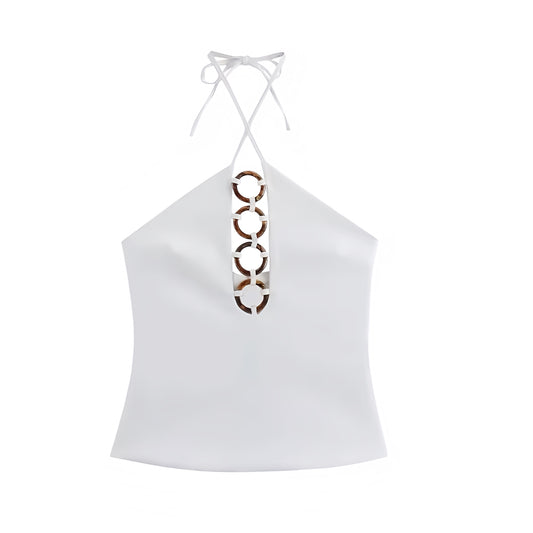 White slim fit tortoiseshell beaded hollow-out halter tank top with v neck design. Sleeveless crop blouse featuring circle loop bead details, bodycon corset-inspired silhouette, chic cut-out style. Women’s and teens’ summer and fall 2025 fashion. Feminine Y2K trendy coquette sexy style for casual everyday, holiday, vacation, school, sorority rush, evening party, night out, going out, club wear, rave, festival, concert, Ibiza boho chic, euro summer, it girl that girl fashion, resort wear, beach club, coastal