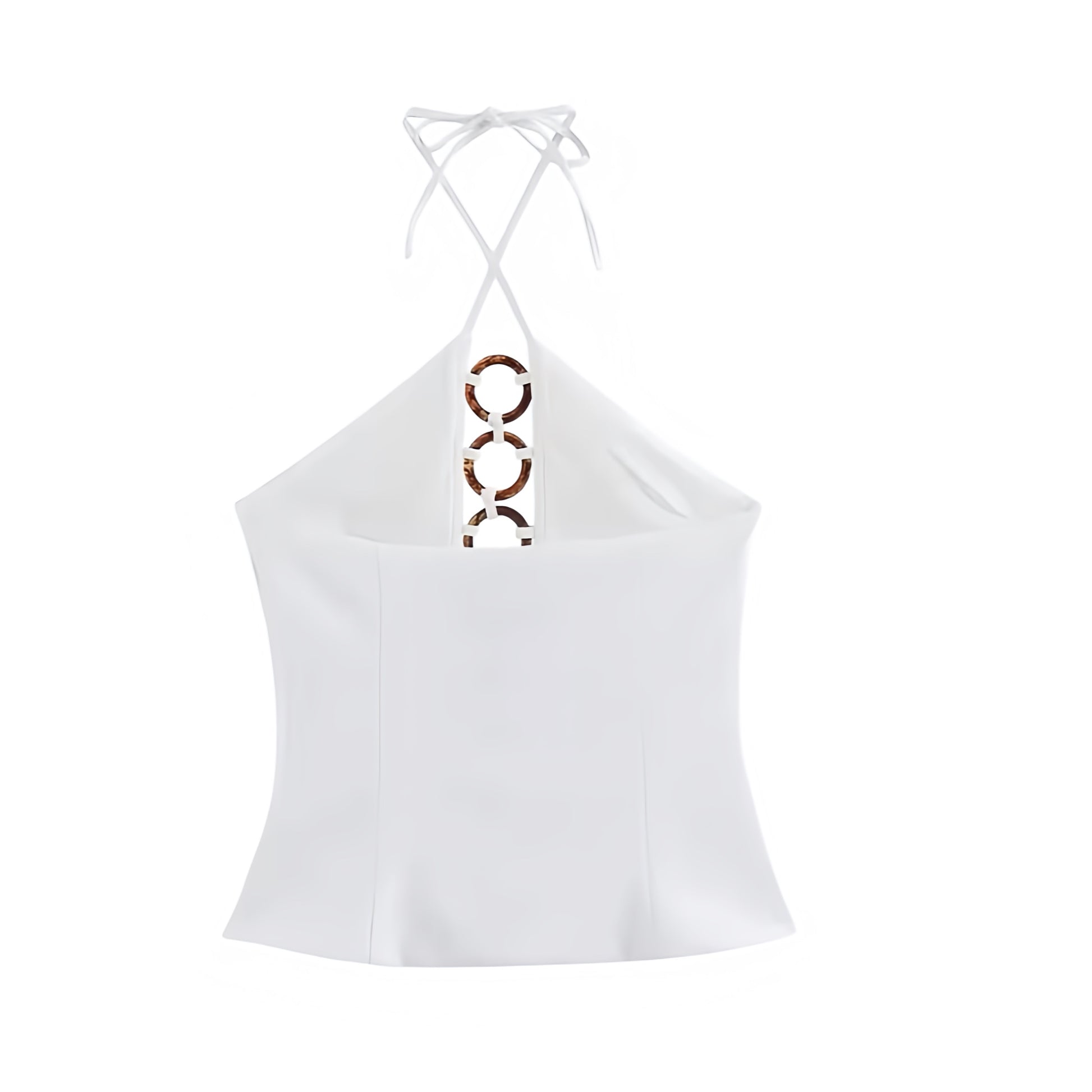 White slim fit tortoiseshell beaded hollow-out halter tank top with v neck design. Sleeveless crop blouse featuring circle loop bead details, bodycon corset-inspired silhouette, chic cut-out style. Women’s and teens’ summer and fall 2025 fashion. Feminine Y2K trendy coquette sexy style for casual everyday, holiday, vacation, school, sorority rush, evening party, night out, going out, club wear, rave, festival, concert, Ibiza boho chic, euro summer, it girl that girl fashion, resort wear, beach club, coastal