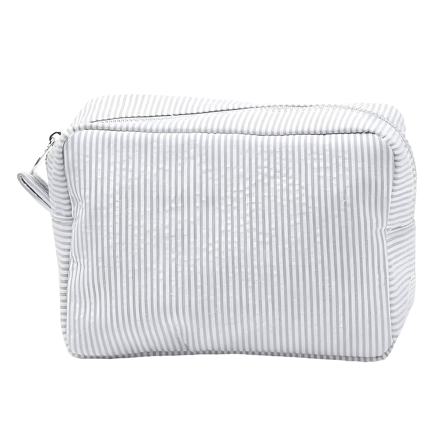 White and light grey striped makeup bag crafted from seersucker linen material with a metallic zipper. Lightweight, vegan-friendly, and perfect for organizing cosmetics, toiletries, and travel essentials. Elegant and minimal aesthetic inspired by clean girl and coastal granddaughter style. Ideal for women, teens, and girls. Ships globally to the US, UK, Canada, Australia, New Zealand, Europe, and Asia.