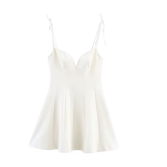 White slim fit bodycon corset bustier sweetheart neckline spaghetti strap sleeveless backless a-line drop waist flared plissé pleated short mini dress sundress for women and teens, chic trendy preppy elegant feminine fashion, Y2K sexy summer 2025 casual everyday holiday vacation brunch sorority rush prom hoco homecoming school party going out night out club wear, with global shipping to USA, UK, Europe, Australia, and Canada.