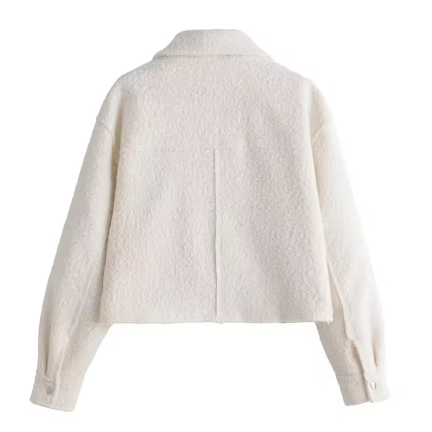 White woolen zip-up long sleeve cropped sherpa jacket for women and teens, fuzzy soft cozy warm thick luxury faux-fur coat with collared v-neck split neckline, elegant feminine trendy Y2K chic casual retro vintage fashionable outerwear for fall autumn winter 2025, Scandinavian Copenhagen streetwear and old-money style après-ski snow trip outfit, with global worldwide shipping to US UK Canada Australia Europe and Asia.