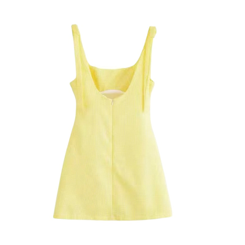 Butter yellow white gingham checkered striped slim fit bodycon corset bow spaghetti strap sleeveless backless a-line square neckline tailored short mini dress sundress for women and teens, chic trendy preppy elegant feminine fashion, Euro summer 2025 casual everyday holiday vacation brunch sorority rush prom hoco homecoming party going out, Hamptons style Nantucket style coquette look, with global shipping to USA, UK, Europe, Australia, and Canada.