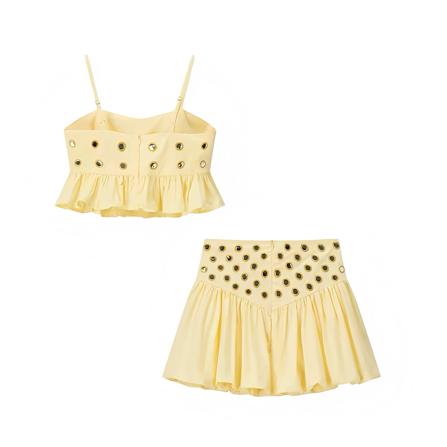 Yellow gold metallic mirror beaded patterned slim fit a-line flared ruffle trim drop waist plissé pleated short mini skirt dress set with spaghetti strap sleeveless backless crop top, matching top and bottoms outfit for women and teens, trendy boho chic feminine fashion, Euro summer Ibiza style, sexy club wear, party, vacation, holiday, beach, concert, festival night out 2025 with global shipping to USA, UK, Europe, Australia, and Canada.