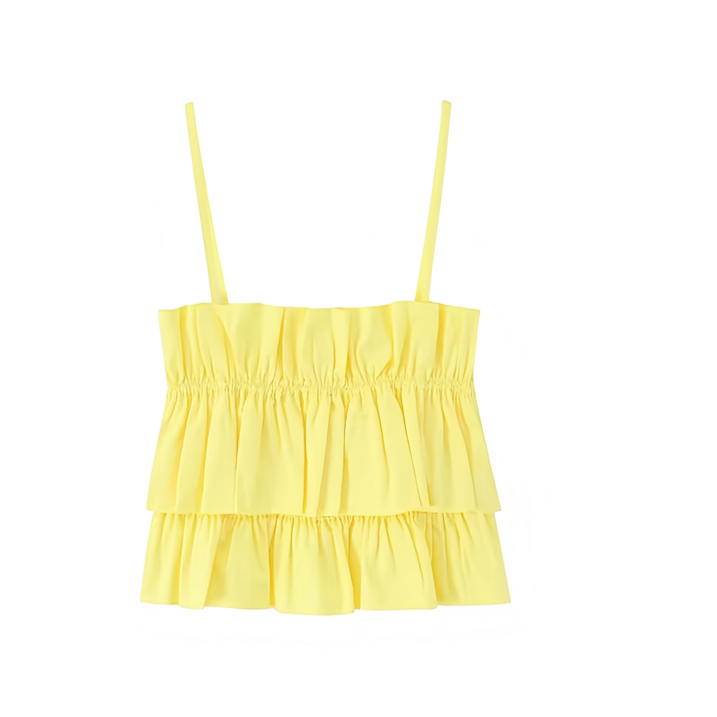 Yellow layered ruffle trim linen crop tank top with spaghetti straps, square neckline, and sleeveless blouse design – chic trendy feminine preppy sexy Y2K summer 2025 fashion top for women and teens casual everyday wear, vacation, brunch, school, sorority rush, party, homecoming, prom, beach