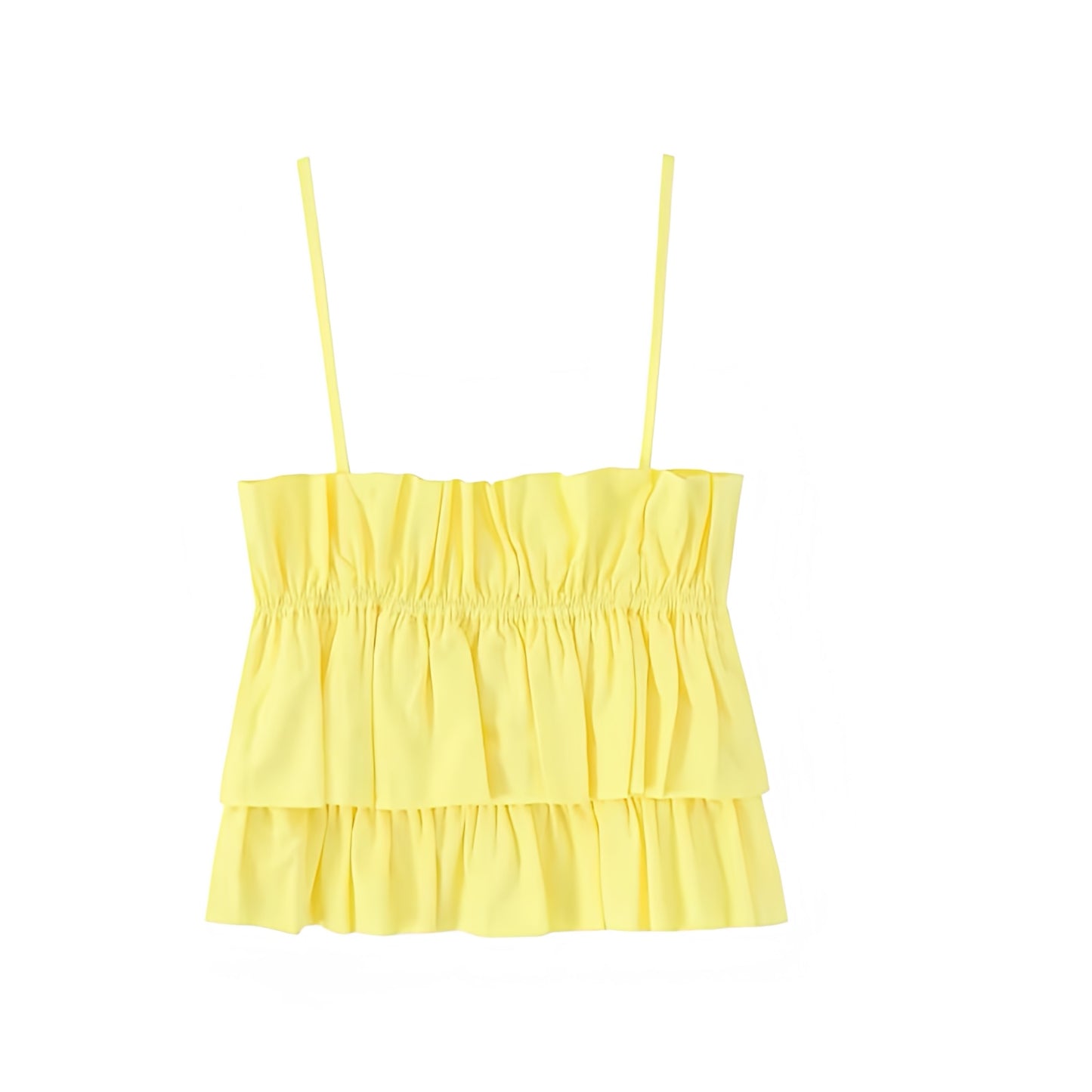 Yellow layered ruffle trim linen crop tank top with spaghetti straps, square neckline, and sleeveless blouse design – chic trendy feminine preppy sexy Y2K summer 2025 fashion top for women and teens casual everyday wear, vacation, brunch, school, sorority rush, party, homecoming, prom, beach