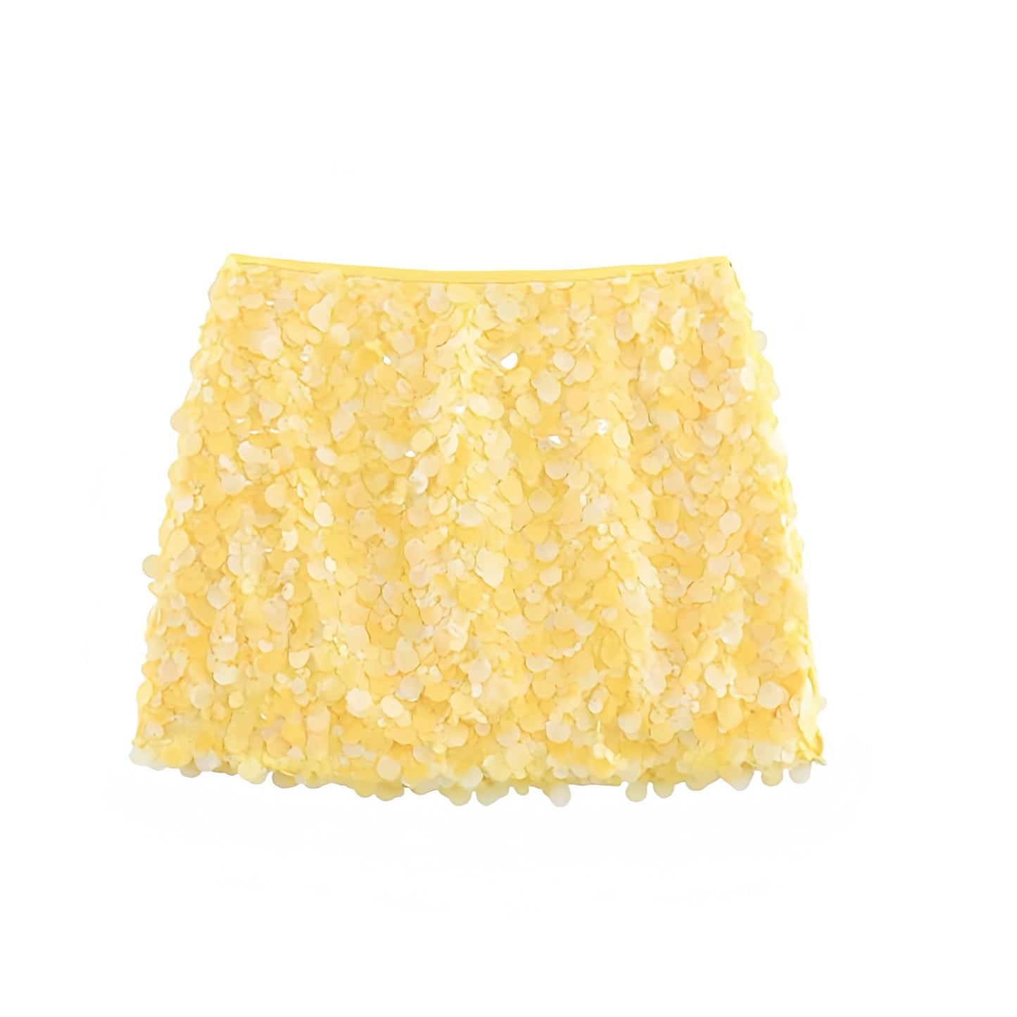Yellow sequin embellished slim fit low-rise mini skirt, sparkly pencil/sheath short; sexy chic Y2K it-girl that-girl Ibiza style festival party club rave concert Euro summer vacation boho bohemian trendy 2025 for women/teens. Ships worldwide to US, UK, EU, AU, Canada & more.