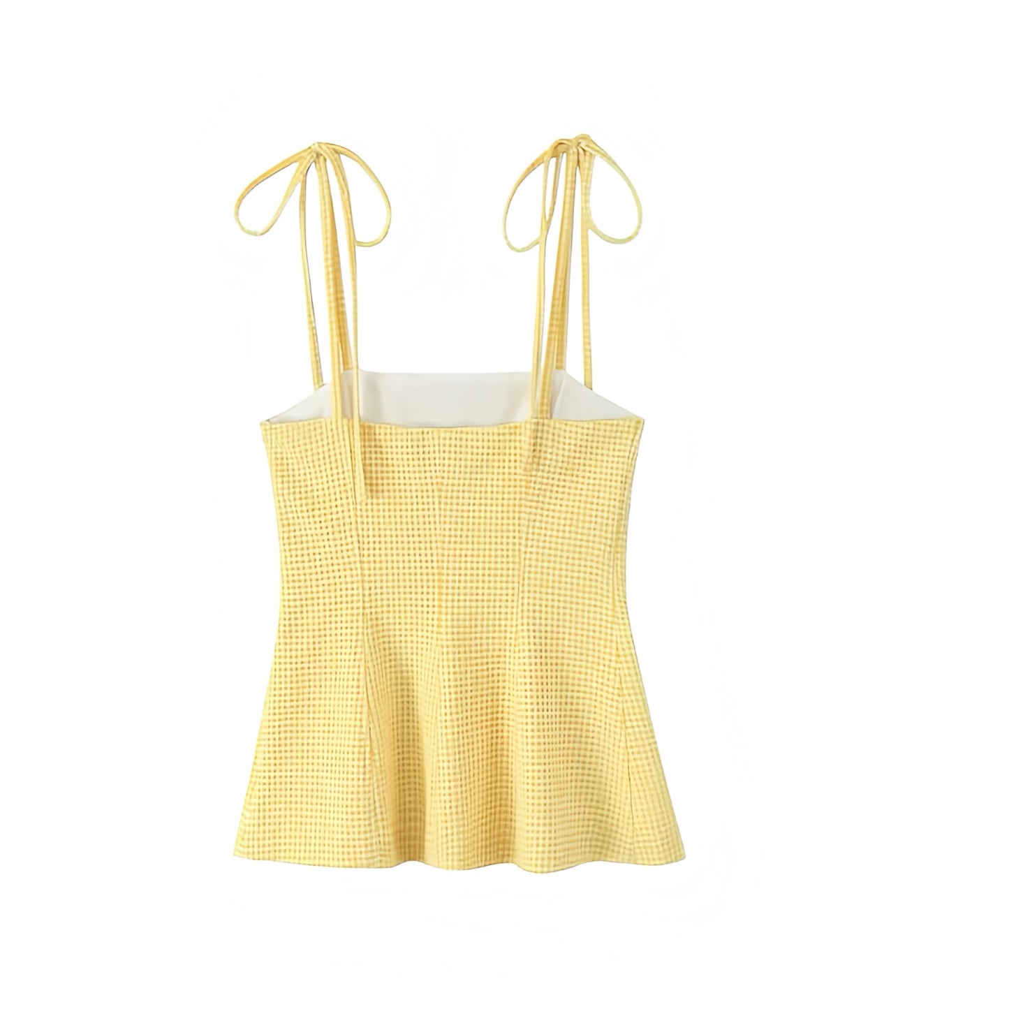 Yellow Bow Gingham Spaghetti Strap Corset Bustier Slim Fit Bodcon Crop Tank Top Blouse with Peplum Flared Ruffle Trim Plissé Pleated Square Neckline Sleeveless Backless Chic Preppy Y2K Coquette Summer 2025 Fashion