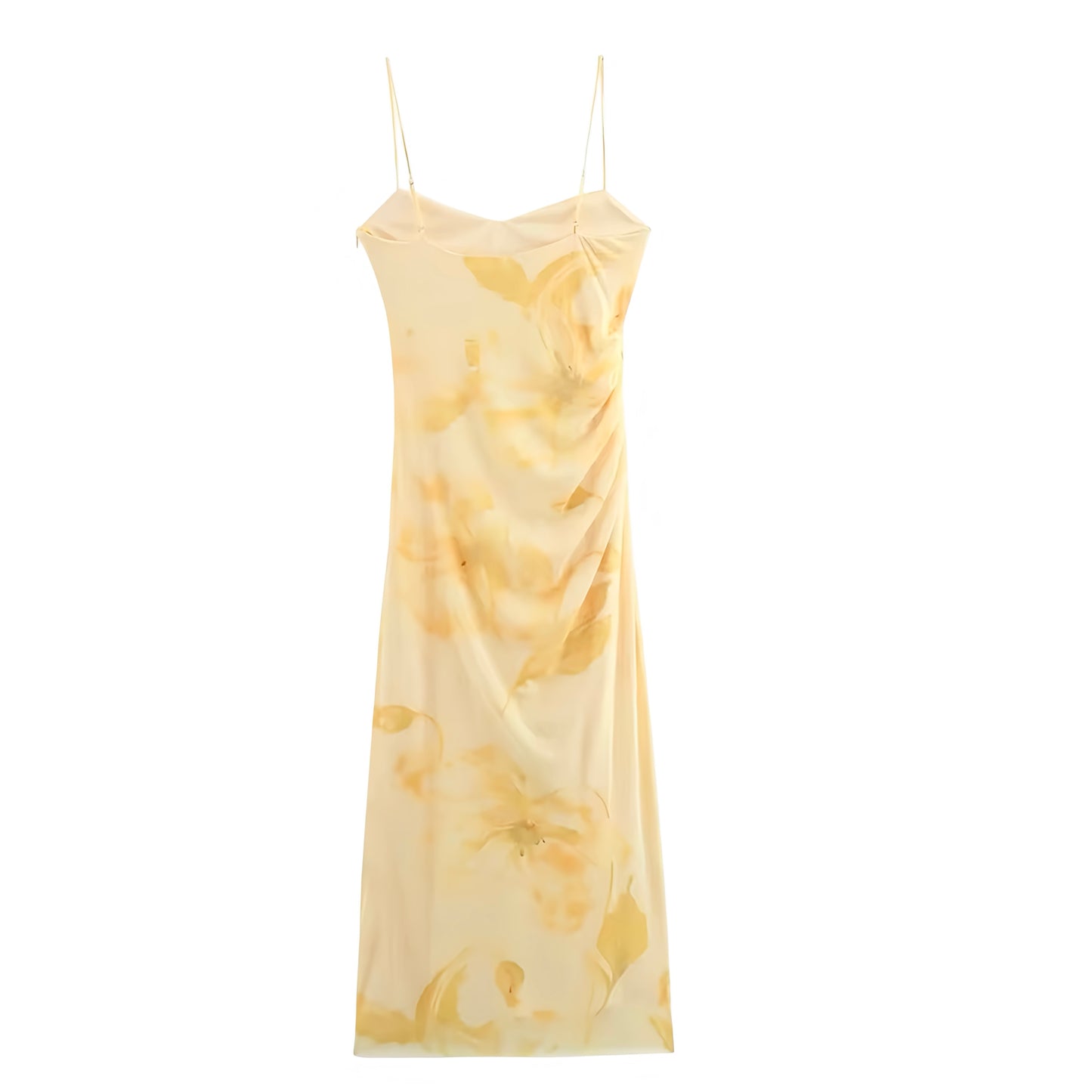 Butter yellow white multicolor tie dye patterned bodycon ruched slim fit maxi dress with sweetheart V-neckline, spaghetti straps, sleeveless backless sheath sundress – trendy chic elegant feminine preppy Y2K summer 2025 women’s and teens dress for prom, homecoming, vacation, brunch, party, beach, school, sorority rush – US UK Canada Australia Europe Asia