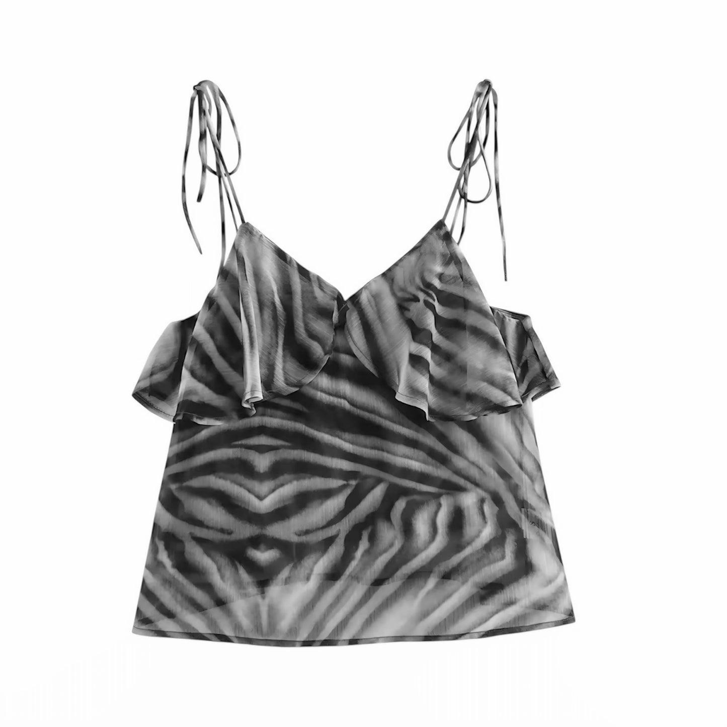 Black white zebra print animal print striped ruffle trim V neck spaghetti strap crop tank top blouse camisole. Slim fit layered ruffle plisse pleated sleeveless backless sexy chic Y2K boho trendy streetwear. Womens and teens fashion for summer and fall 2025. Perfect for holiday vacation casual everyday school sorority rush evening party night out club wear rave festival concert Ibiza style bohemian Stockholm style. Ships worldwide to USA, Australia, New Zealand, UK, Canada, Germany, France, Denmark, Europe