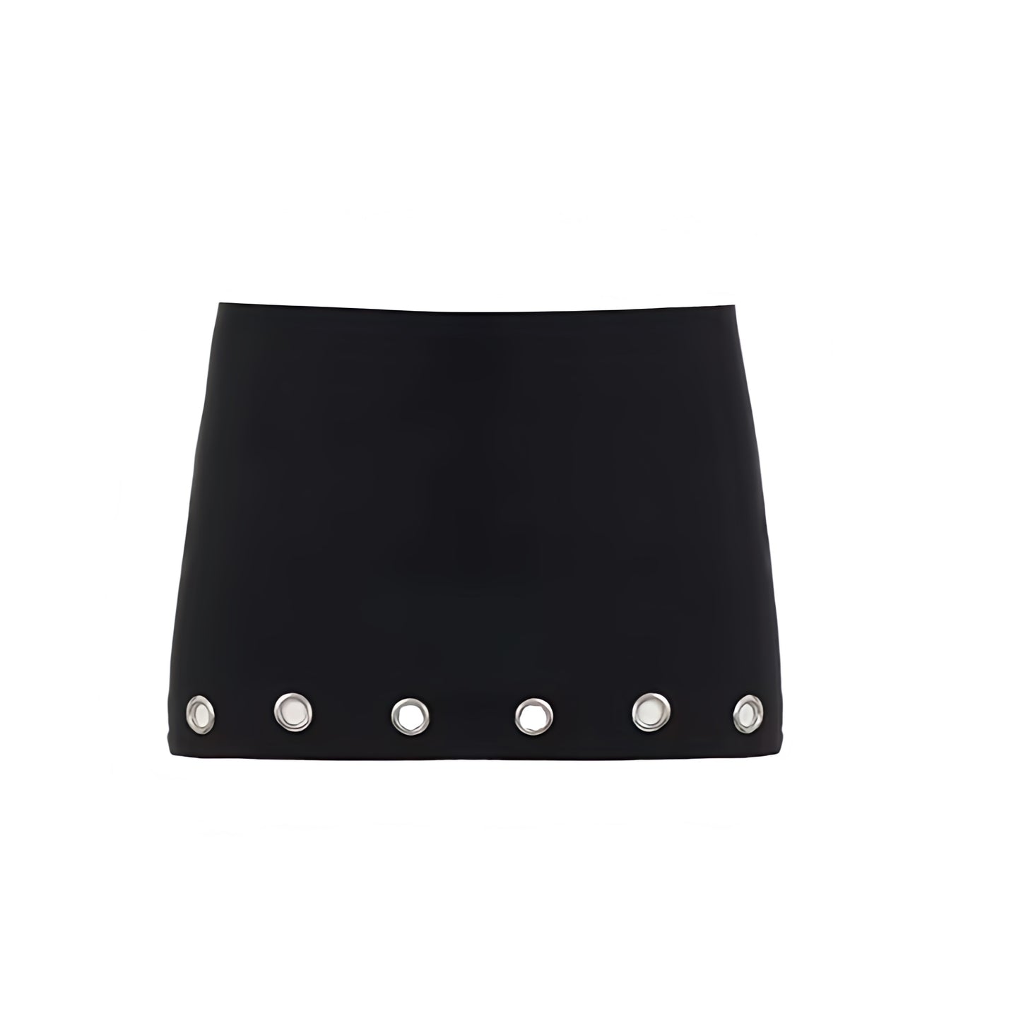 Black Y2K metallic cut-out hole design mini skirt with metallic rivet design hollow-out detailing and metallic beaded spandex fabric. Slim fit bodycon skinny fit slip pencil skirt silhouette with low rise low waisted short skirt micro skirt mini skirt for womens teens ladies. Y2K style 2000s fashion party night out club wear rave festival concert ibiza style rock chic grunge punk emo street wear retro style opiumcore clothing.