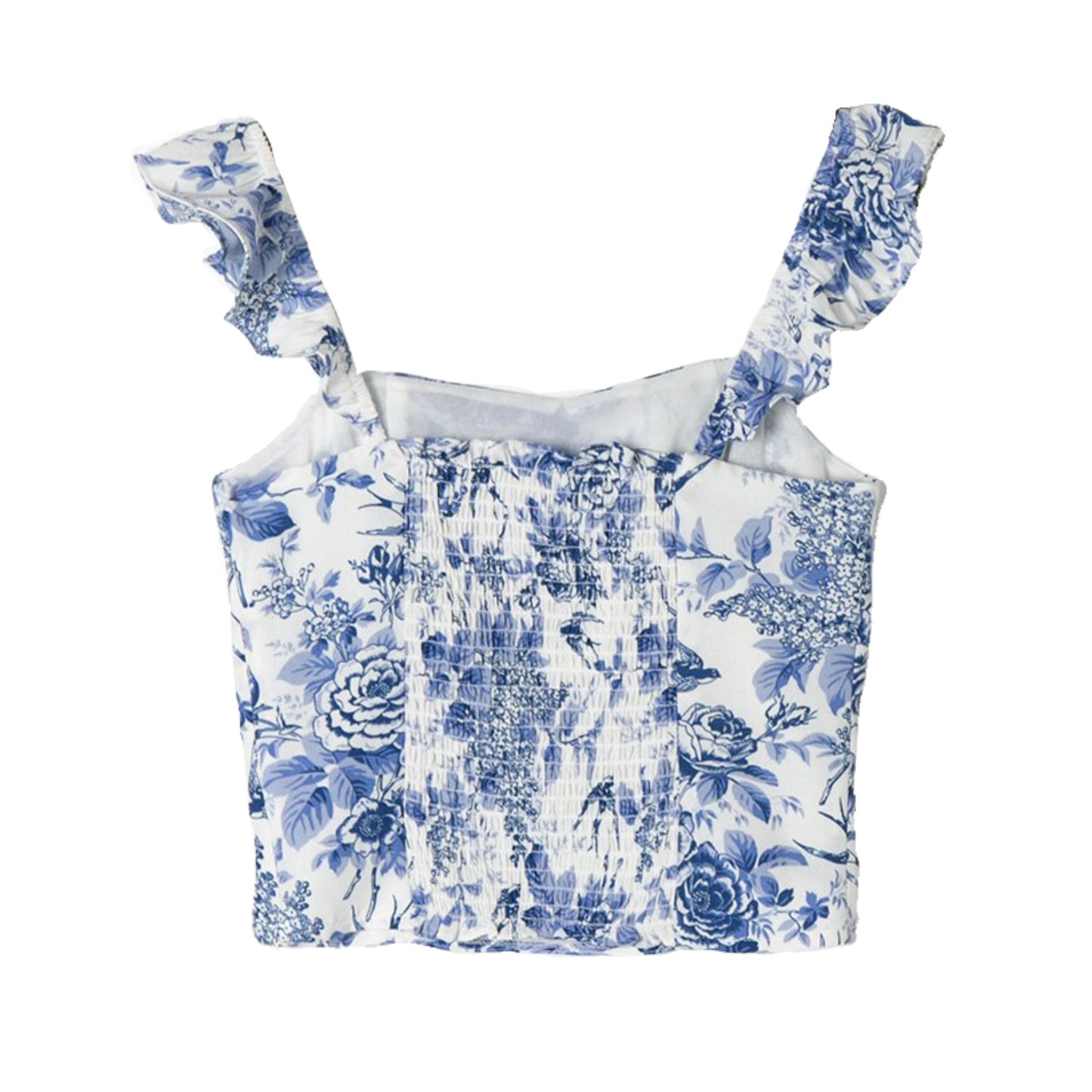 Blue Floral Print Ruffle Sleeve Tank Top
