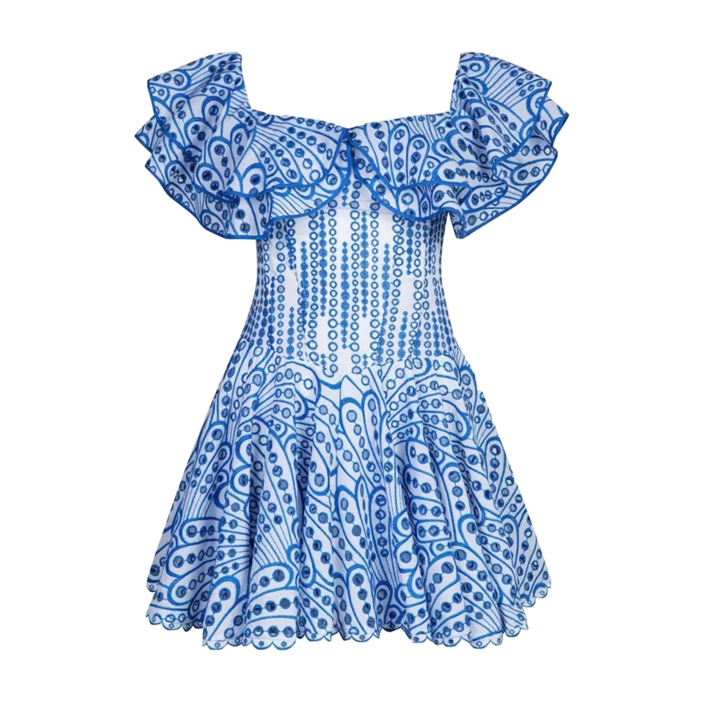 Capri Blue Eyelet Embroidered Layered Ruffle Smocked Short Sleeve Mini Dress