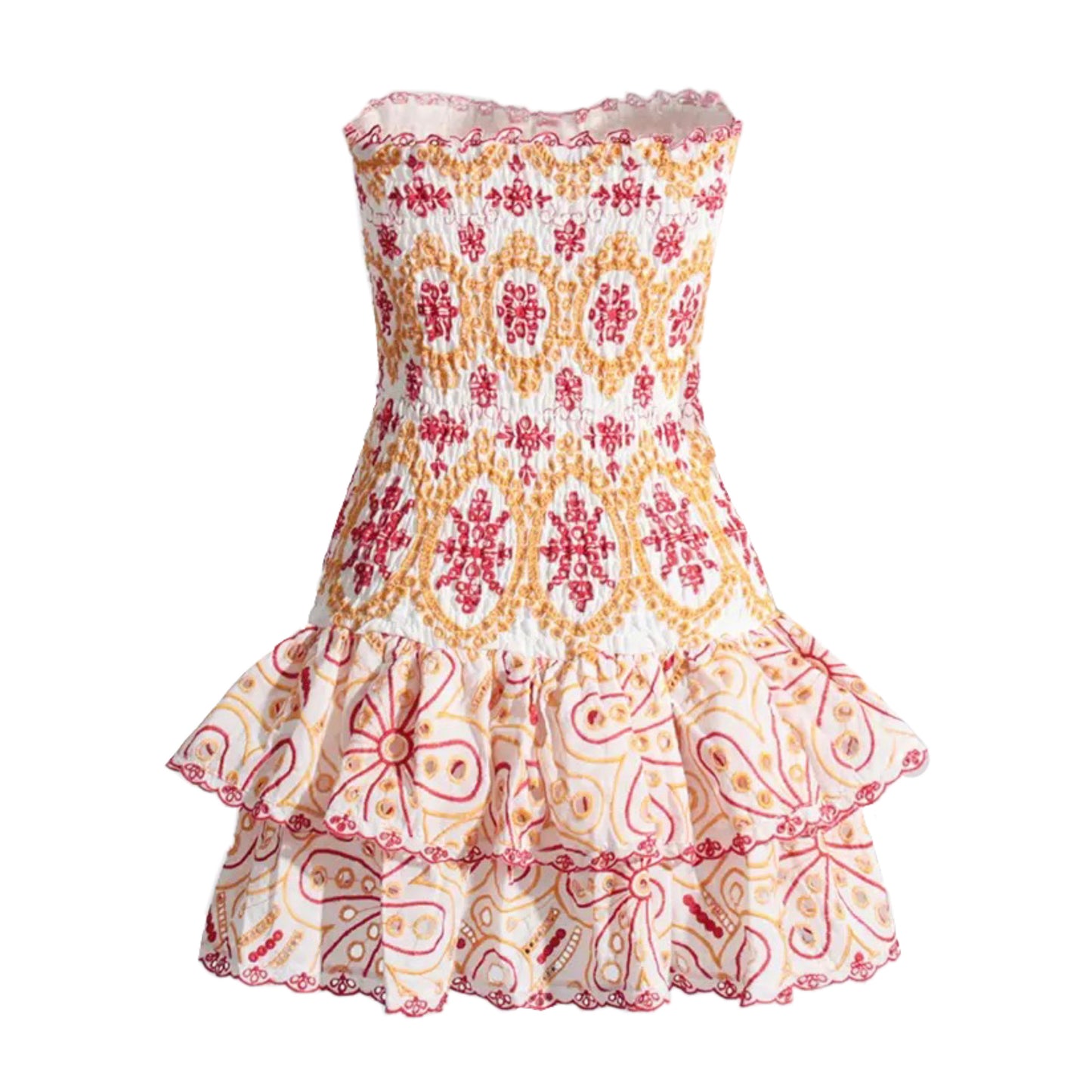 pink-red-orange-white-eyelet-embroidered-broderie-scalloped-anglaise-floral-patterned-bodycon-slim-drop-waist-shirred-bodice-fit-and-flare-layered-ruffle-trim-smocked-strapless-sleeveless-bandeau-sweetheart-neckline-tiered-boho-bohemian-mini-dress-couture-women-ladies-teens-chic-trendy-spring-2024-summer-2025-elegant-semi-formal-casual-feminine-preppy-prom-party-debutante-european-beach-wear-stockholm-style-tropical-vacation-sundress-australia-international-shipping-charo-ruiz-zimmerman-loveshackfancy-dupe
