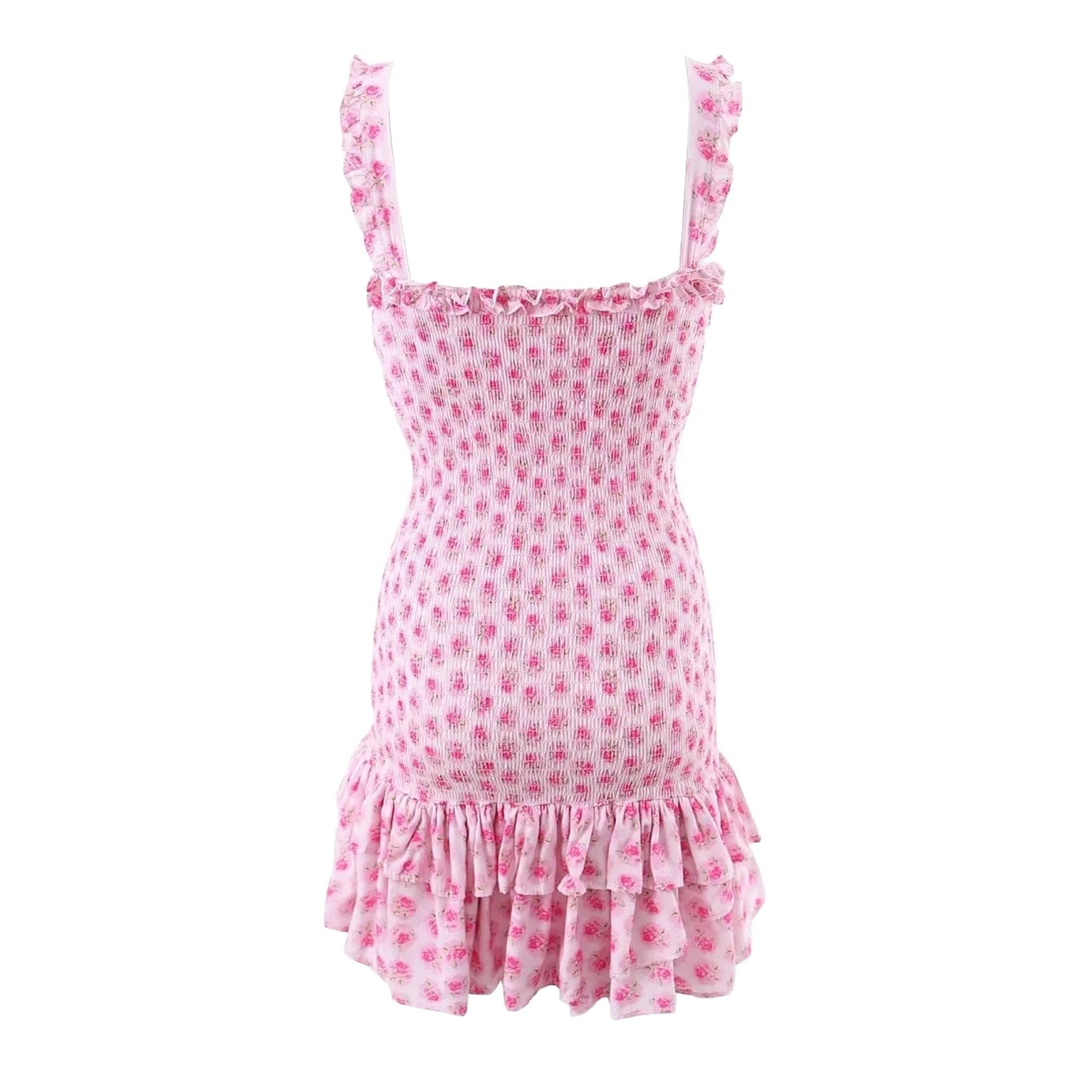 Stella Pink Floral Bodycon Smocked Ruffle Trim Spaghetti Strap Mini Dress