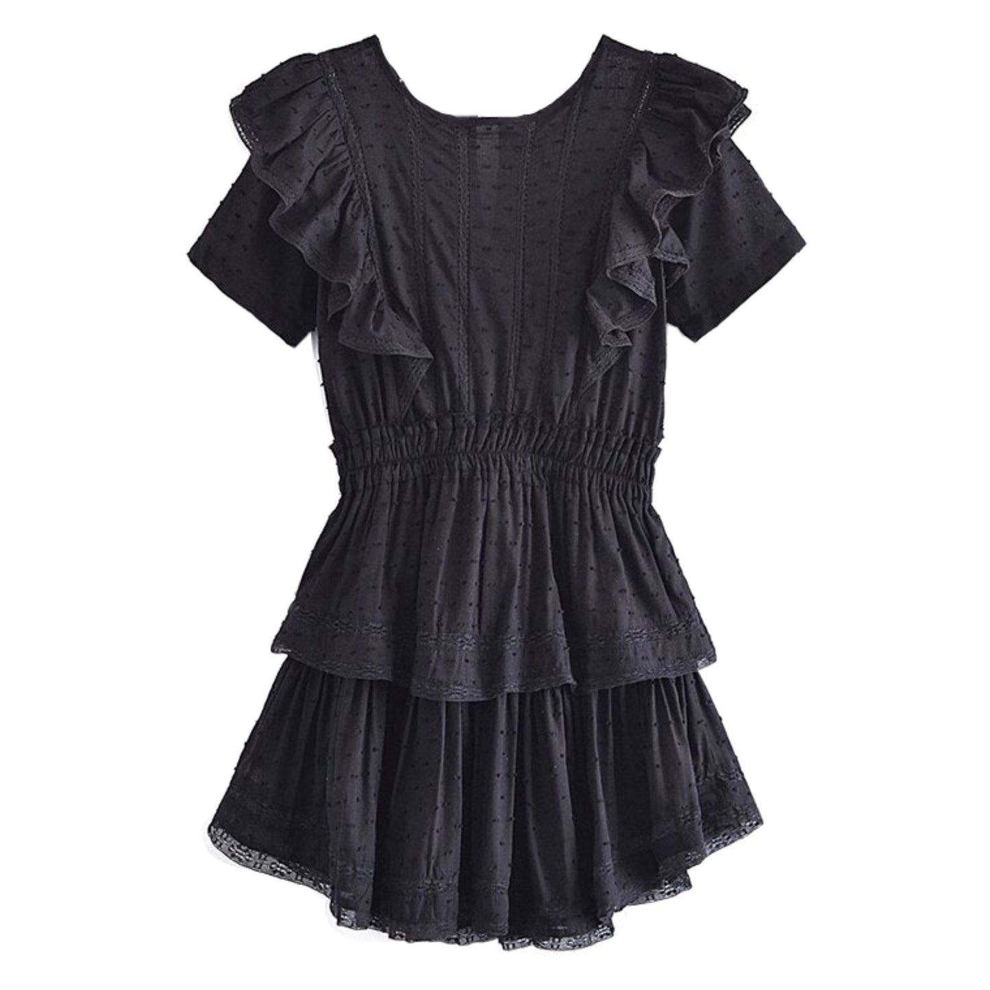 Black Eyelet Embroidered Layered Ruffle Short Sleeve Boho Mini Dress